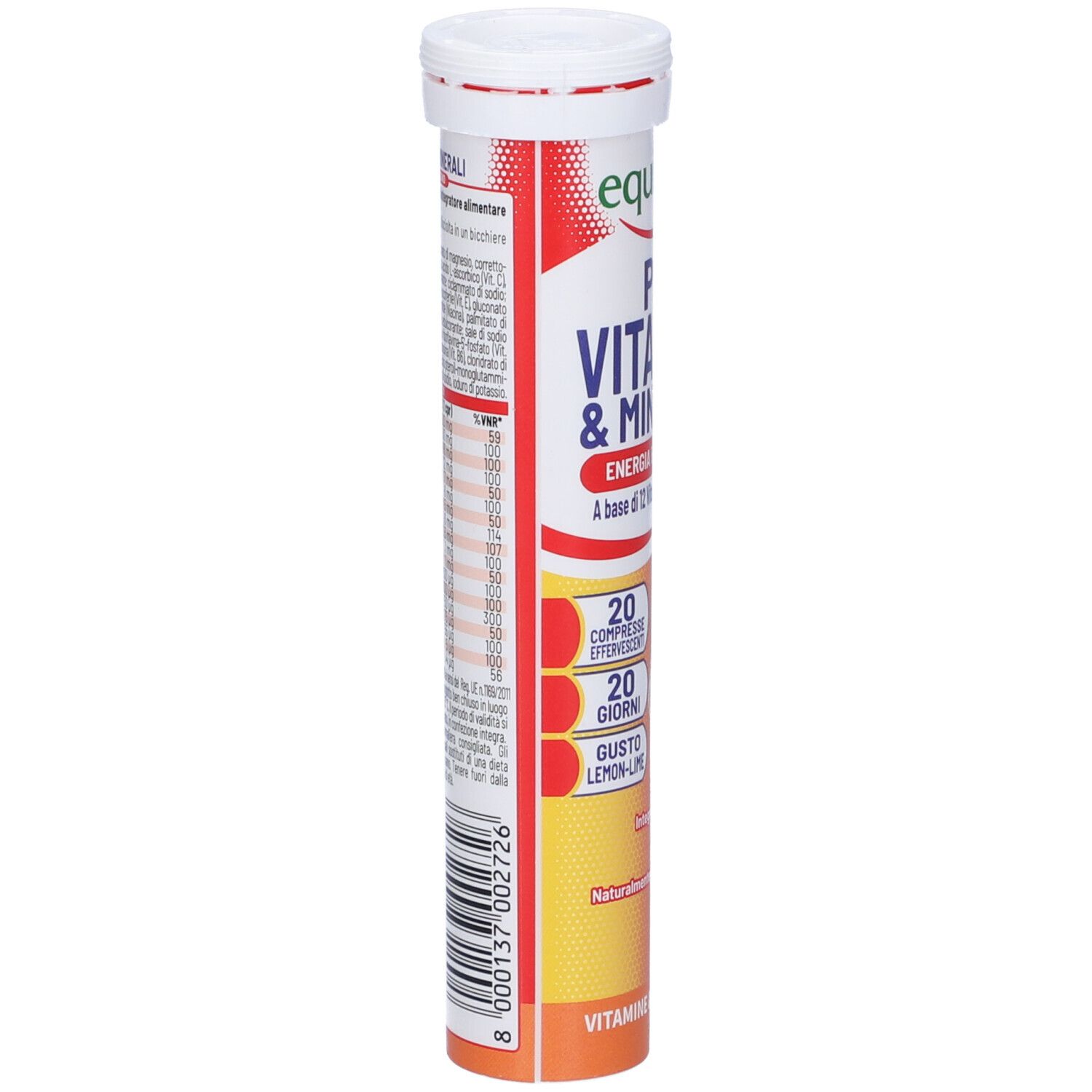 Tube cylindrique 'Equilibra'. Dos avec ingrédients et informations nutritionnelles. Contient 20 comprimés effervescents.