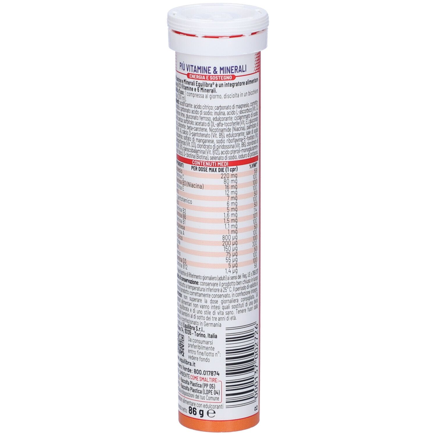 Tube cylindrique 'Equilibra'. Dos avec ingrédients et informations nutritionnelles. Poids net 86g.