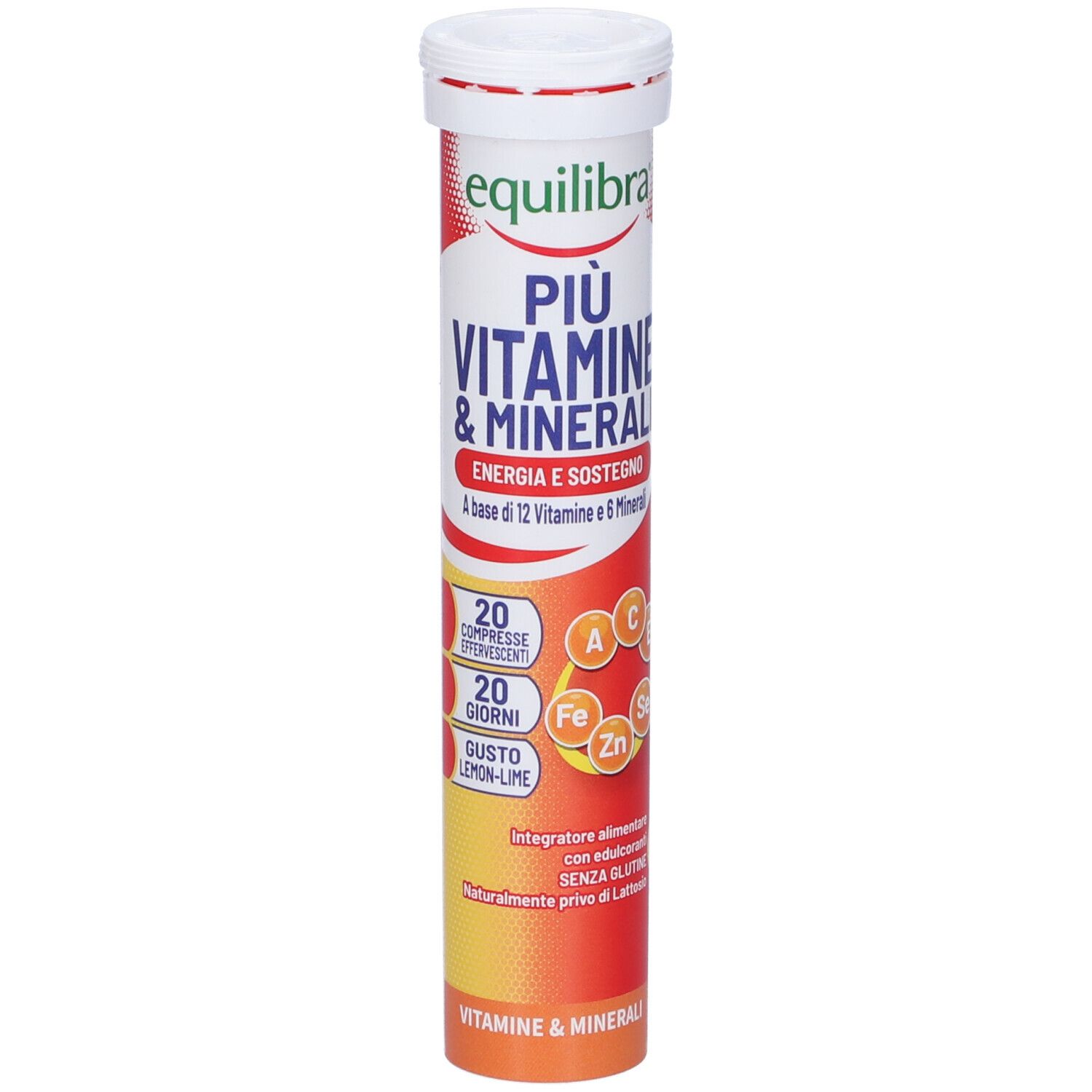Tube cylindrique 'Equilibra Più Vitamine & Minerali'. Contient 20 comprimés effervescents, goût citron. Vitamines et minéraux.