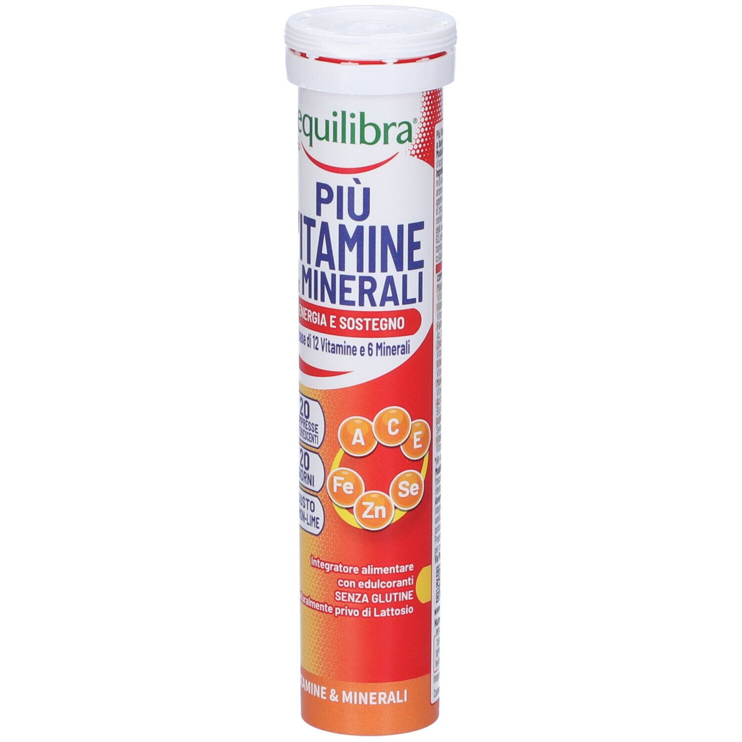 Tube cylindrique 'Equilibra Più Vitamine & Minerali'. Contient 20 comprimés effervescents, goût citron. Vitamines et minéraux.