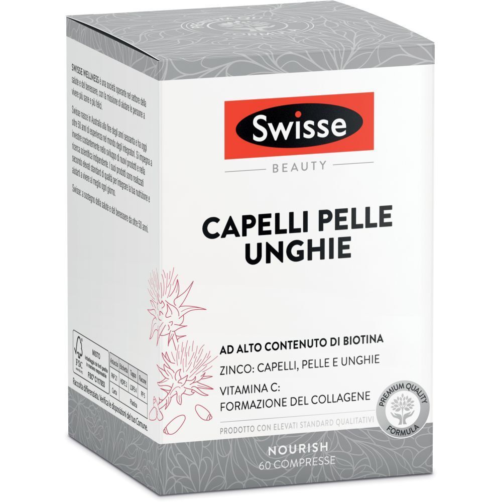 Scatola di Swisse Capelli Pelle Unghie Compresse. Bianca, logo rosso e informazioni. 60 compresse.