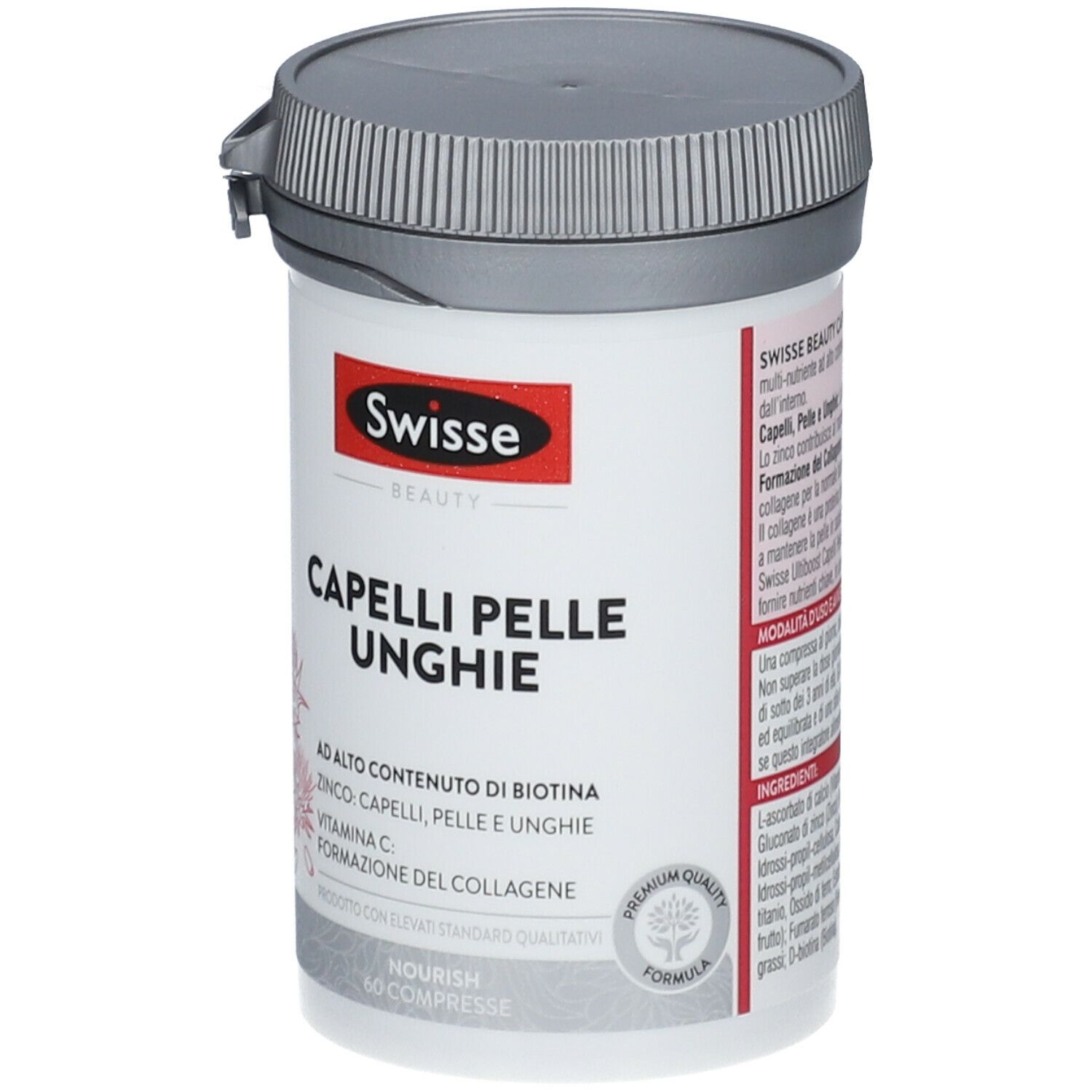 Contenitore Swisse Capelli Pelle Unghie Compresse. Bianco, coperchio grigio, logo rosso. 60 compresse.