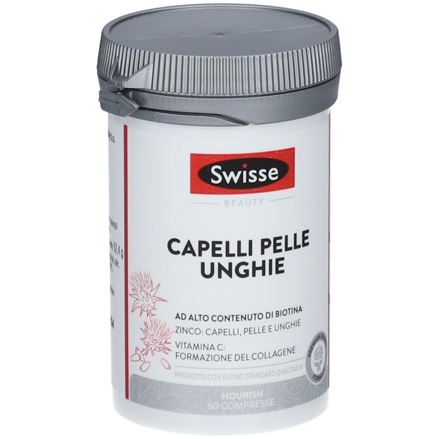 Contenitore Swisse Capelli Pelle Unghie Compresse. Bianco, coperchio grigio, logo rosso. 60 compresse.