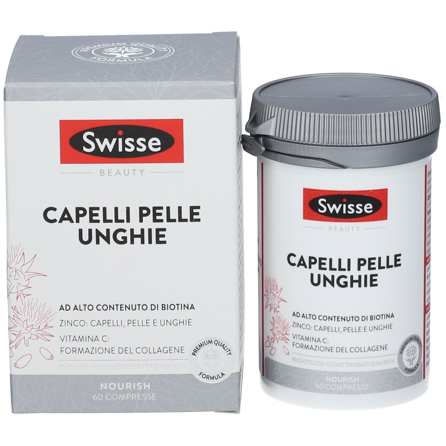 Confezione e contenitore Swisse Capelli Pelle Unghie Compresse. Bianco, logo rosso. 60 compresse.