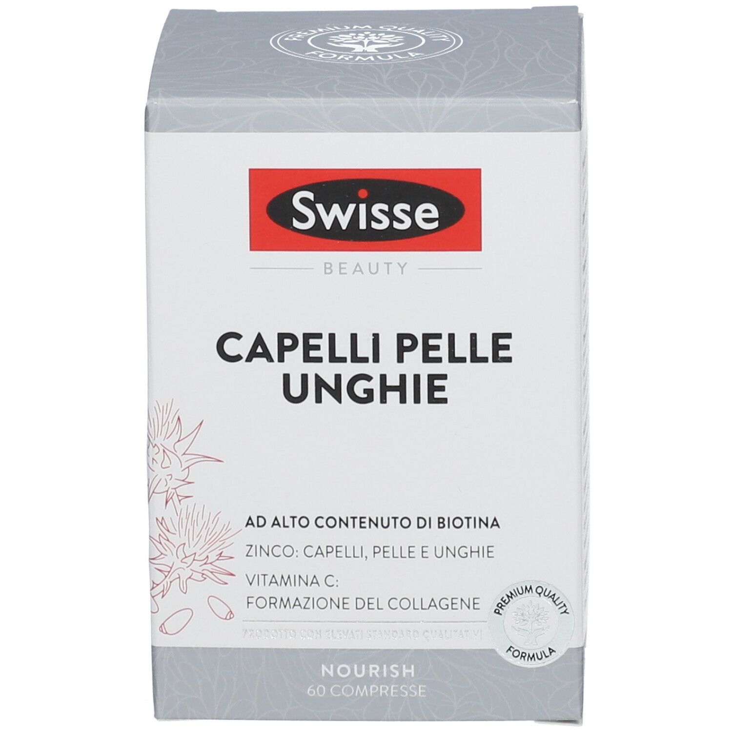 Scatola Swisse Capelli Pelle Unghie Compresse. Bianca, logo rosso e informazioni. 60 compresse.