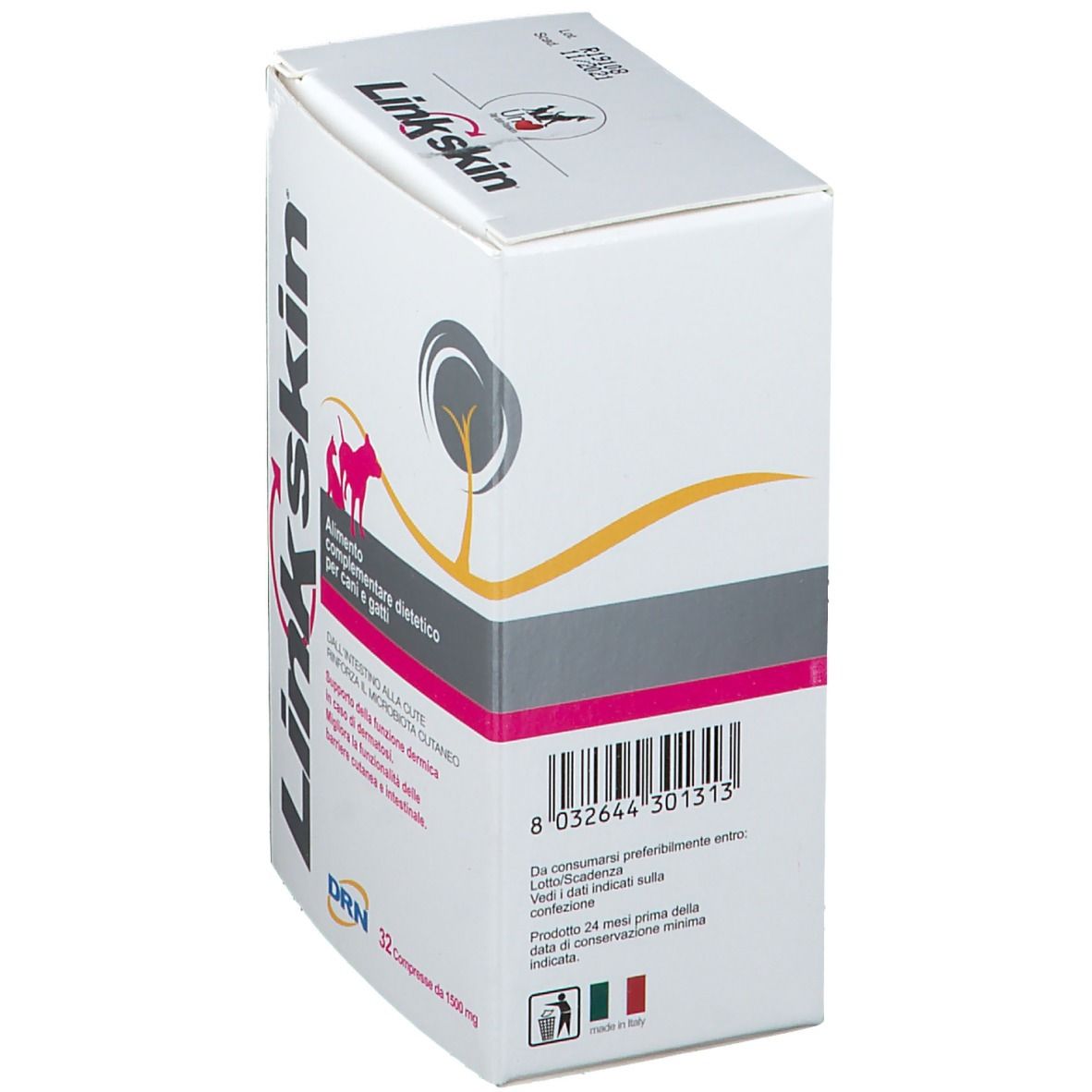 Confezione di Linkskin® Compresse. Retro con ingredienti e analisi. 32 compresse, 1500 mg.