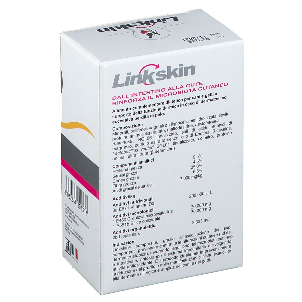Confezione di Linkskin® Compresse. Dettaglio degli ingredienti e analisi. 32 compresse, 1500 mg.