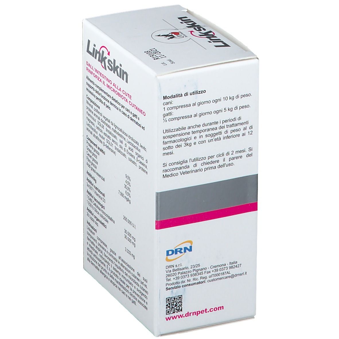 Confezione di Linkskin® Compresse. Dettaglio degli ingredienti e analisi. 32 compresse, 1500 mg.