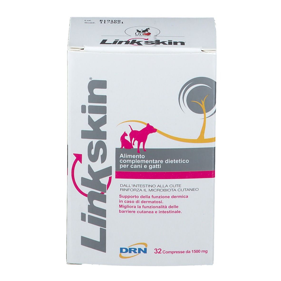 Confezione di Linkskin® Compresse. Fronte con nome e illustrazioni. 32 compresse, 1500 mg.