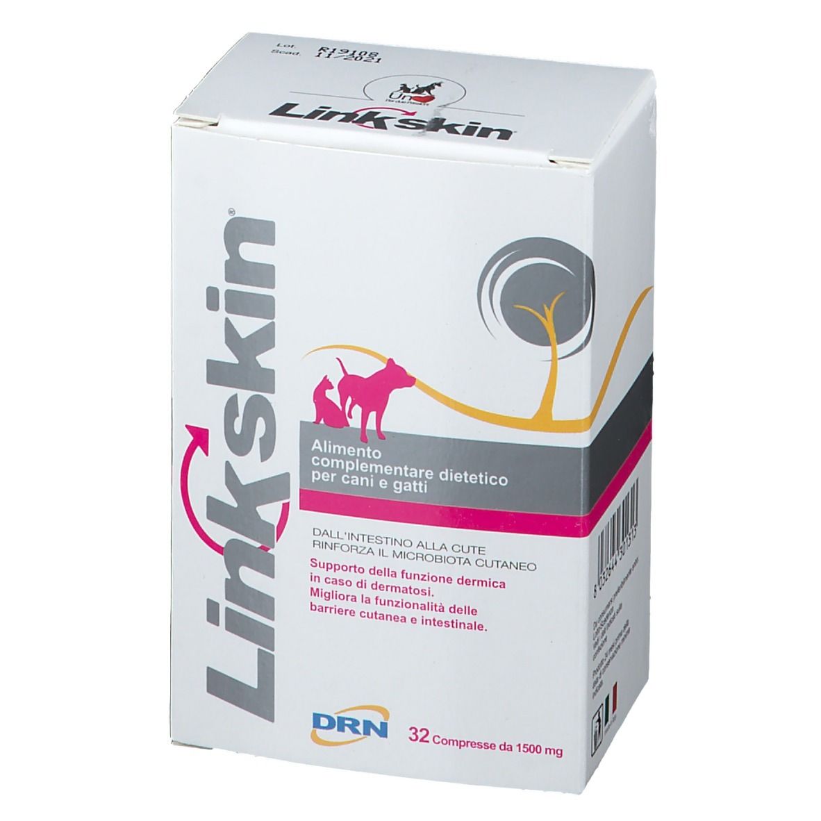 Confezione di Linkskin® Compresse. Fronte con nome e illustrazioni. 32 compresse, 1500 mg.