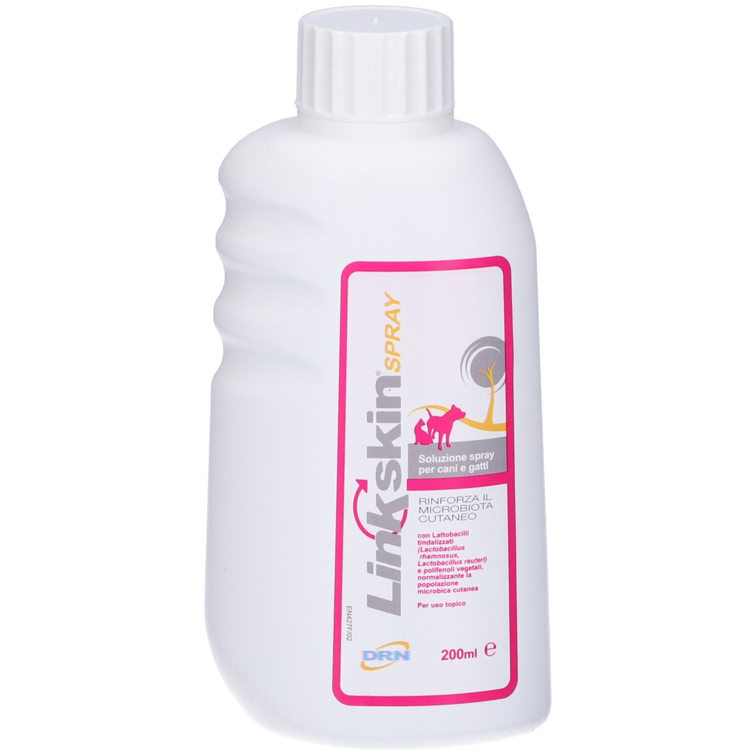 Flacone bianco con tappo a vite. Etichetta rosa con testo. Nome prodotto: Linkskin Spray. Volume: 200 ml.