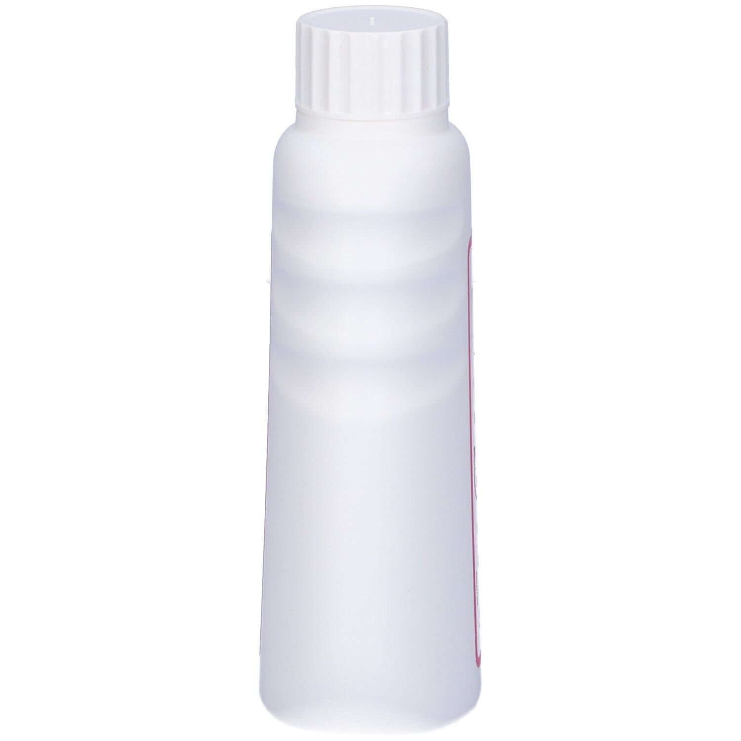 Flacone bianco con tappo a vite. Corpo della bottiglia con scanalature verticali. Etichetta rosa con testo.
