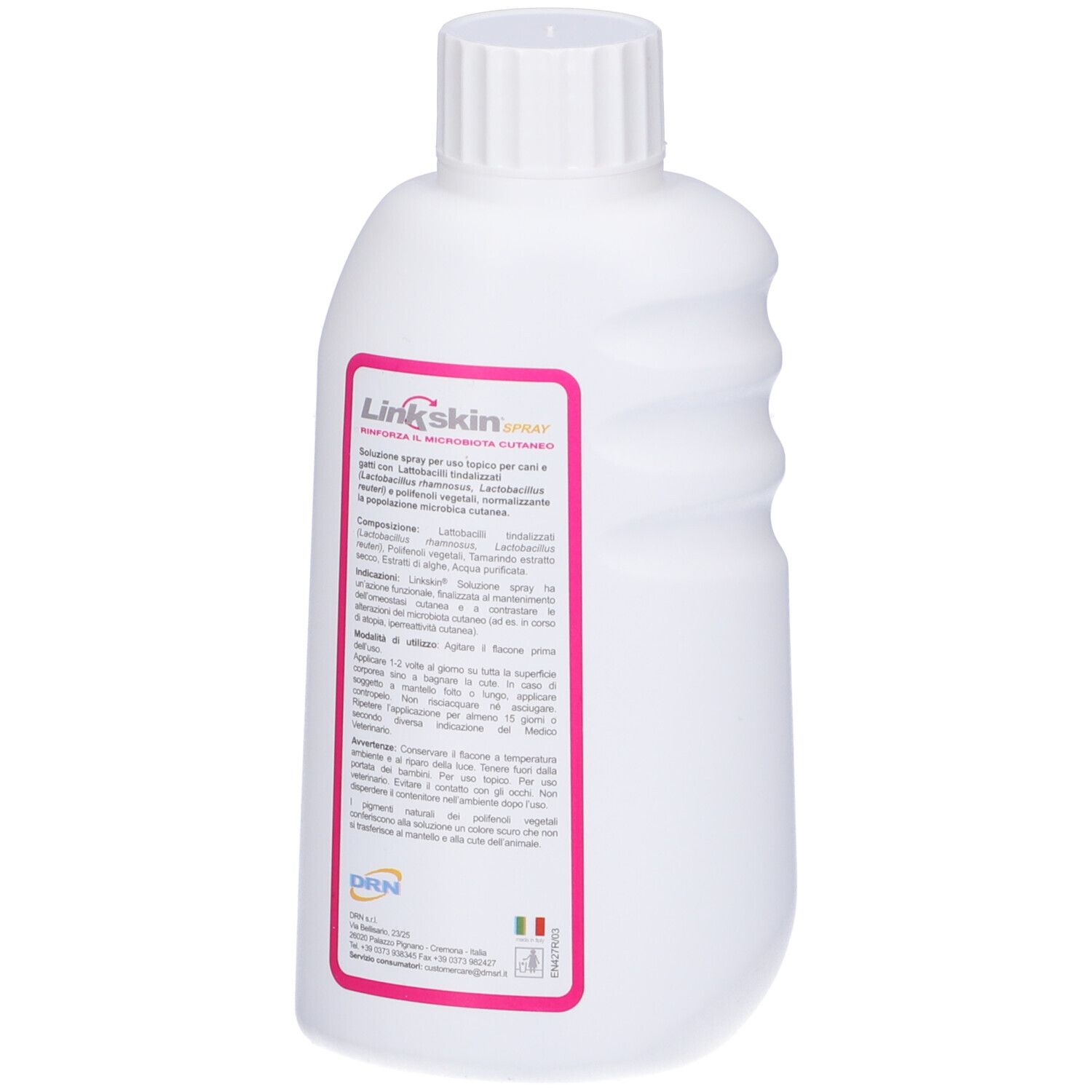 Flacone bianco con tappo a vite. Etichetta rosa con testo. Nome prodotto: Linkskin Spray. Volume: 200 ml.