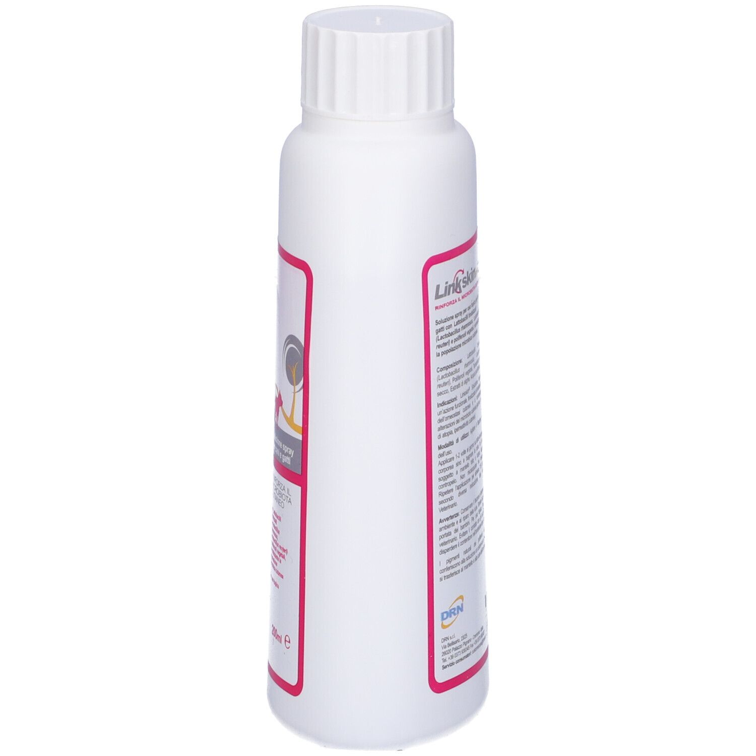 Flacone bianco con tappo a vite. Etichetta rosa con testo. Nome prodotto: Linkskin Spray. Volume: 200 ml.