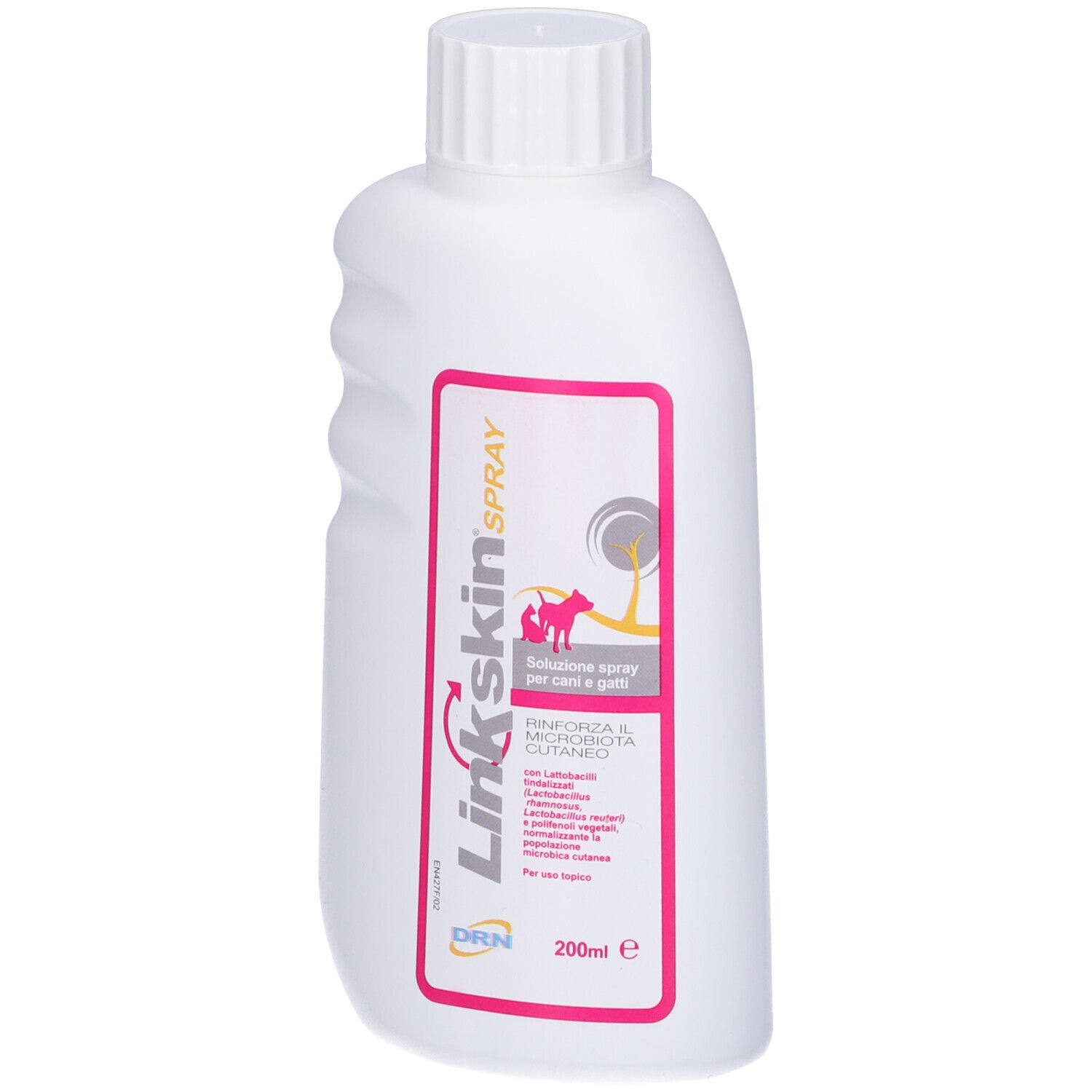 Flacone bianco con tappo a vite. Etichetta rosa con testo. Nome prodotto: Linkskin Spray. Volume: 200 ml.