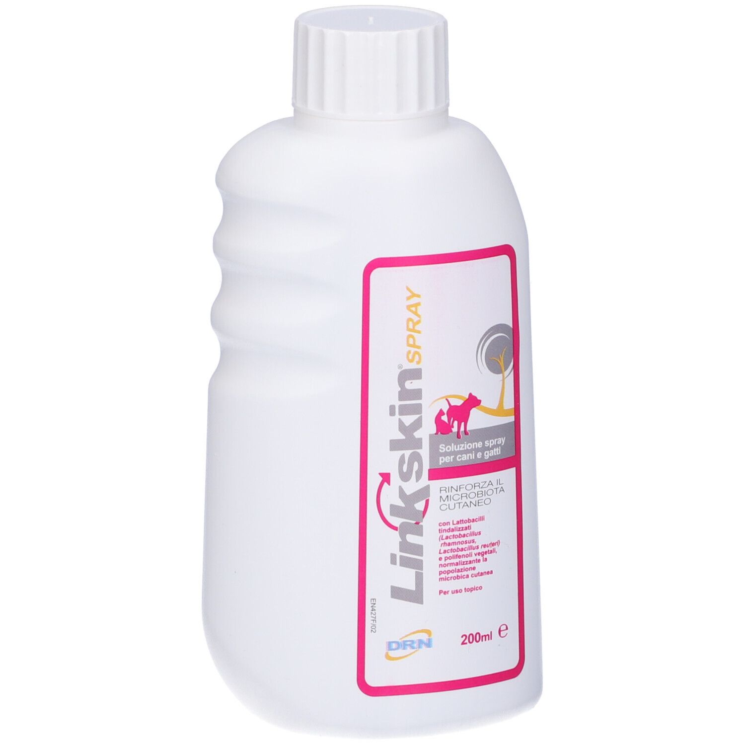 Flacone bianco con tappo a vite. Etichetta rosa con testo. Nome prodotto: Linkskin Spray. Volume: 200 ml.