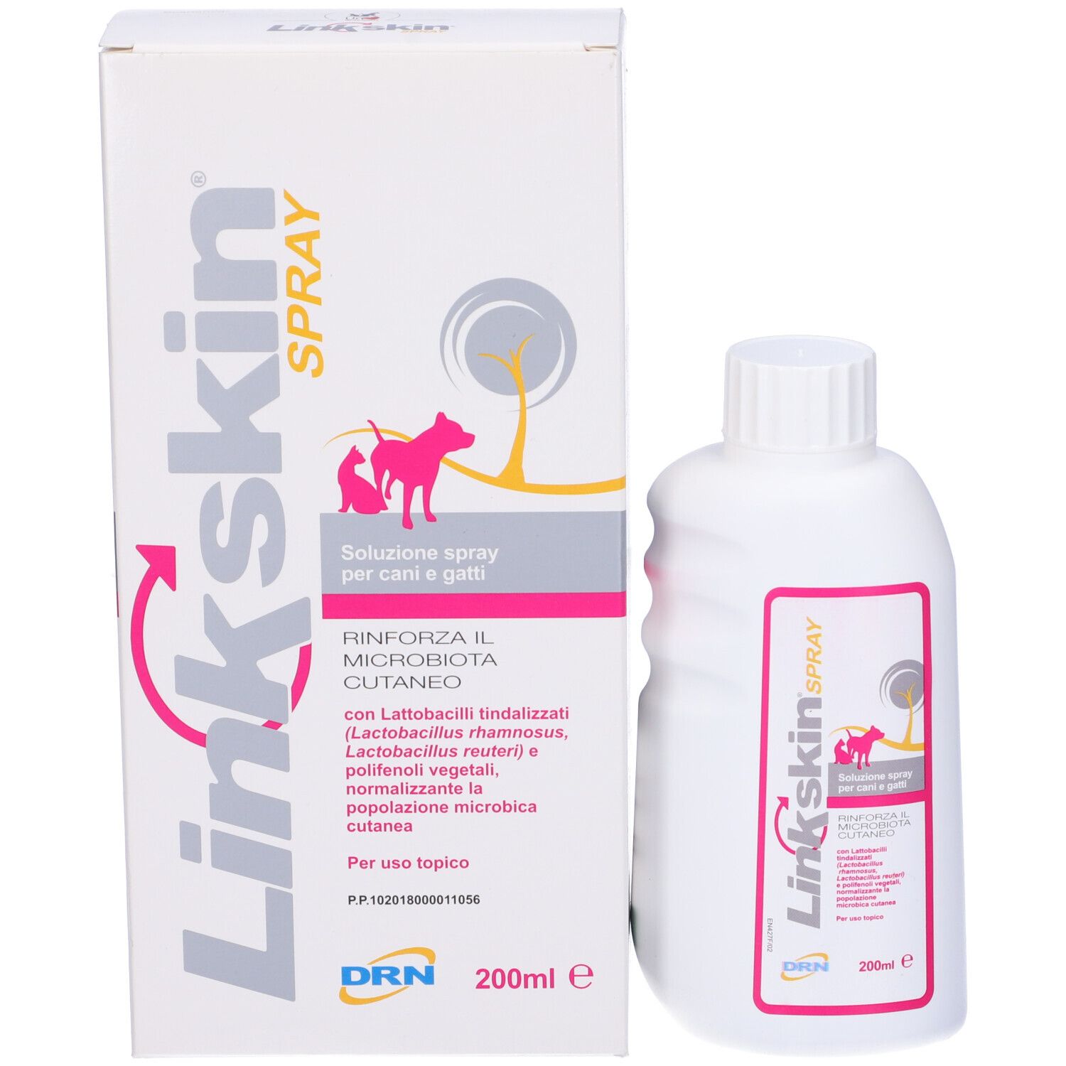 Flacone bianco e scatola. Etichette rosa con testo. Nome prodotto: Linkskin Spray. Volume: 200 ml.
