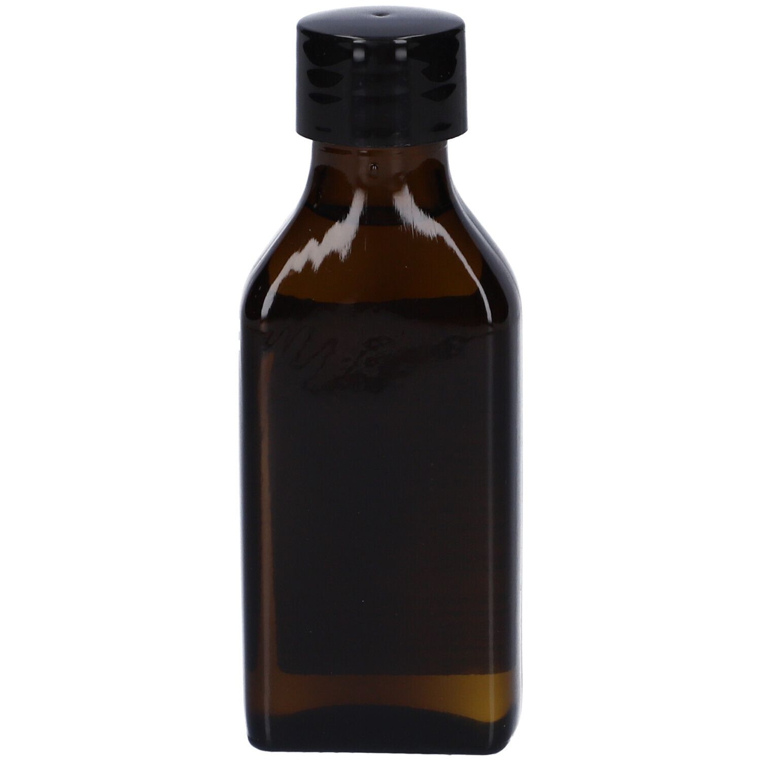 Braune, rechteckige Glasflasche mit schwarzem Deckel.