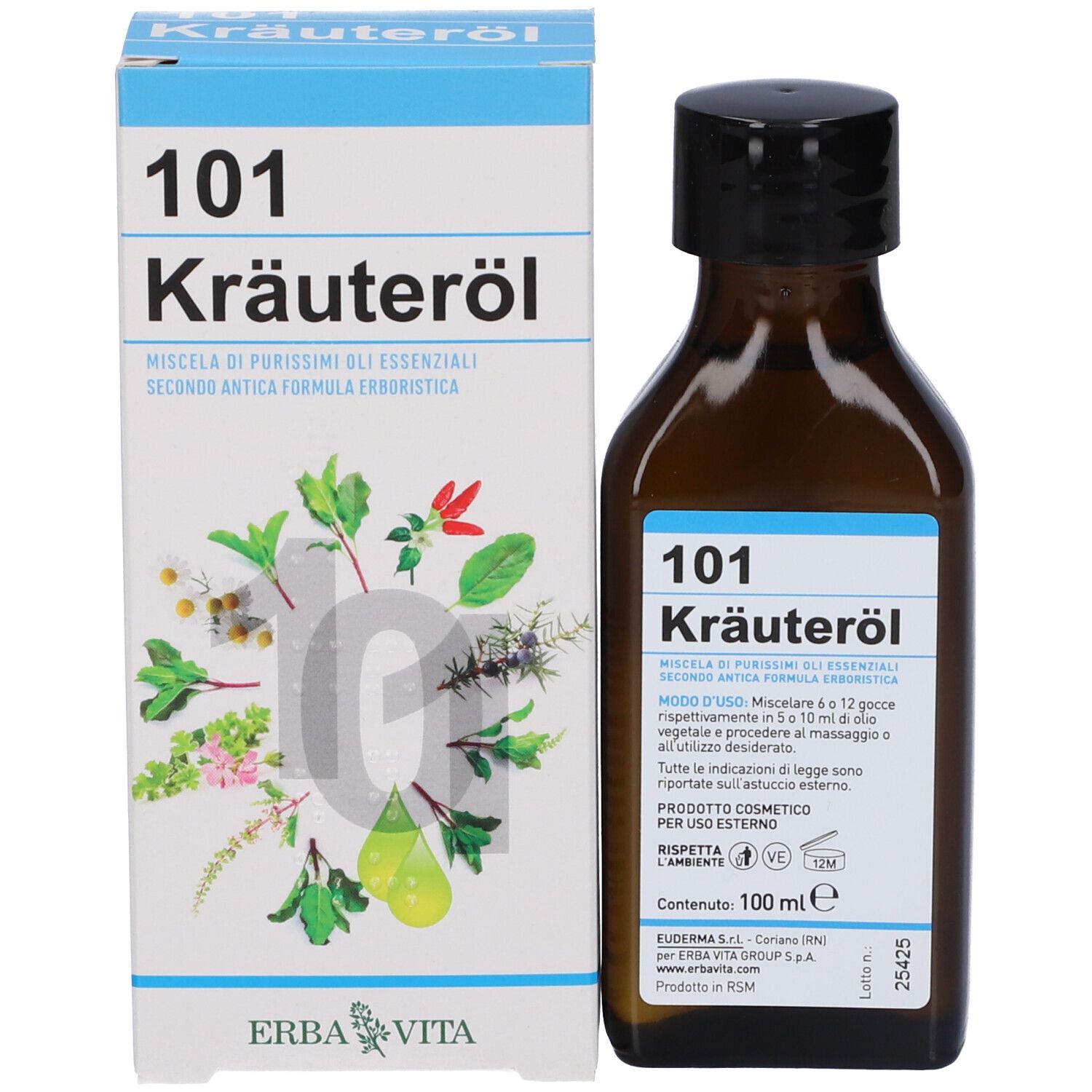 Produktflasche und Verpackung. Flasche mit Etikett, Verpackung mit Produktnamen und Kräuterillustrationen.
