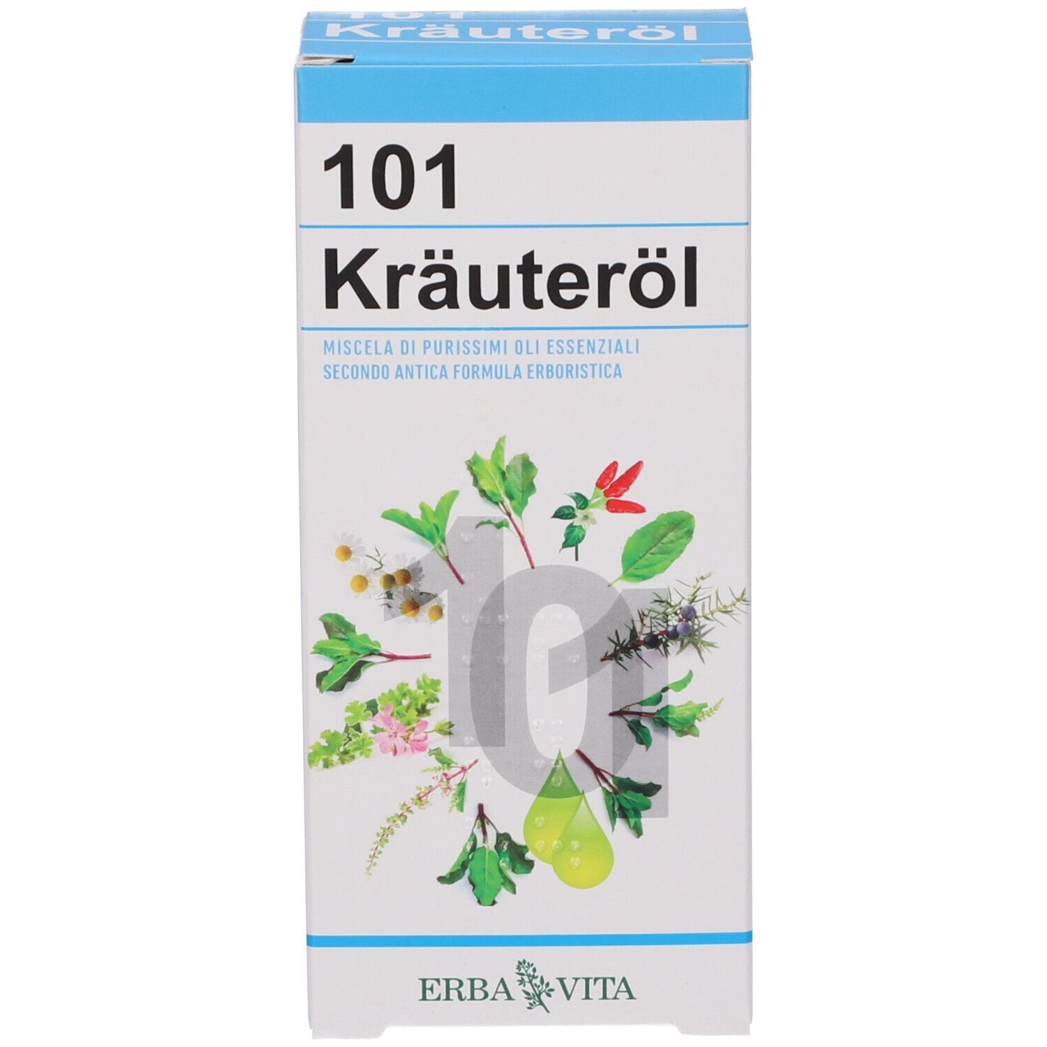 Produktverpackung mit Produktnamen, Kräuterillustrationen und Markenlogo.