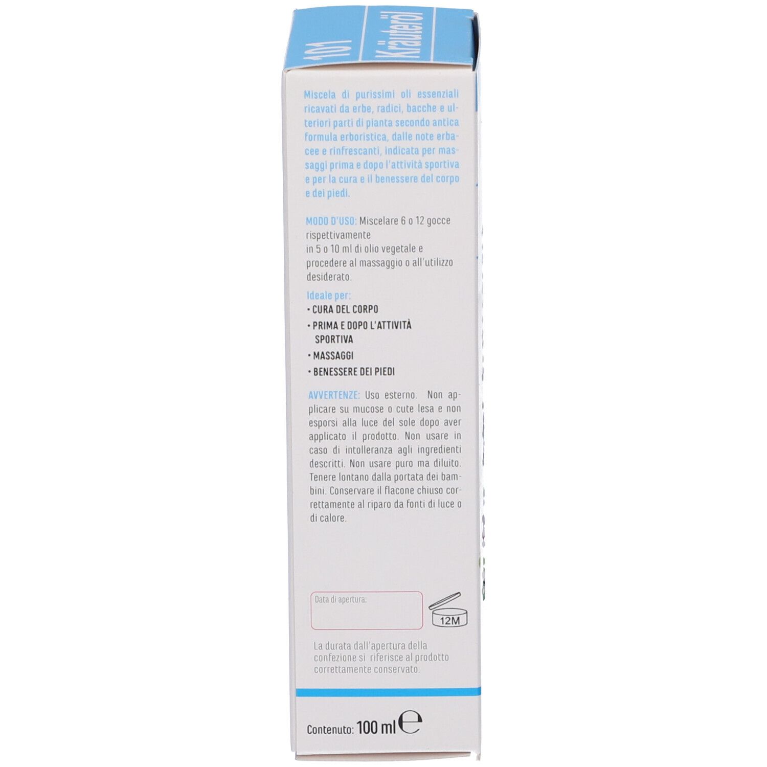 Produktverpackung, Seitenansicht. Text mit Anwendungsanweisungen und Inhaltsangaben.