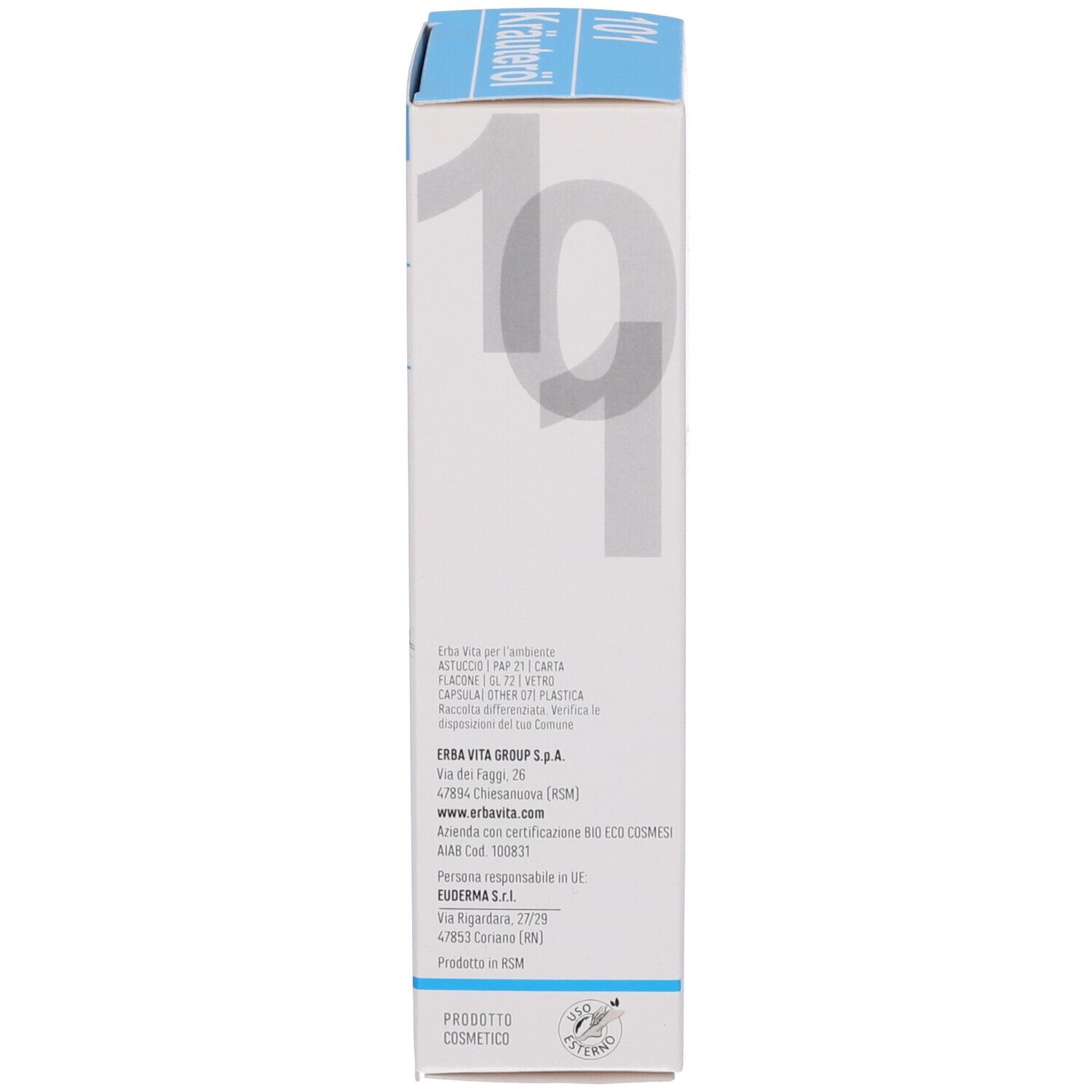 Produktverpackung, Seitenansicht. Informationen zum Hersteller und Logos.