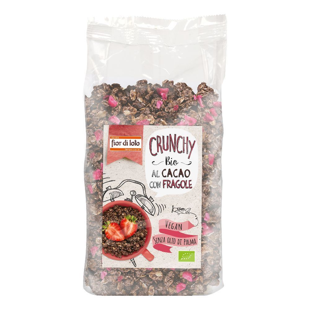 Confezione trasparente di muesli. Scritta: Fior di Loto, Crunchy, Bio, Cacao con fragole, Vegan, senza olio di palma.
