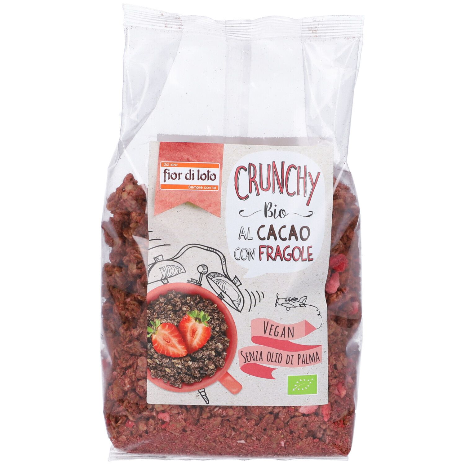 Confezione trasparente di muesli. Scritta: Fior di Loto, Crunchy, Bio, Cacao con fragole, Vegan, senza olio di palma.