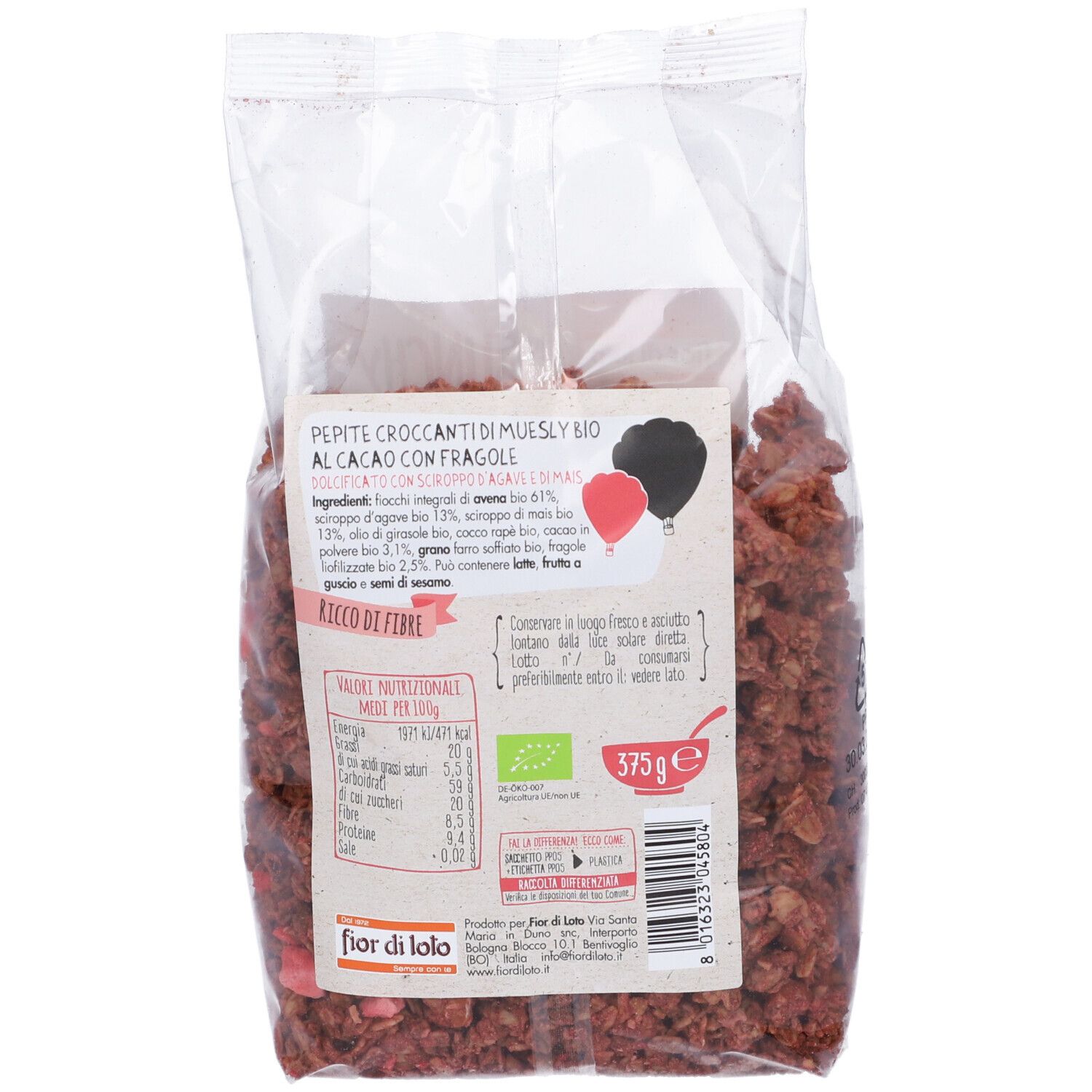 Retro della confezione di muesli. Contiene informazioni su ingredienti, valori nutrizionali, marchio biologico e peso: 375g.