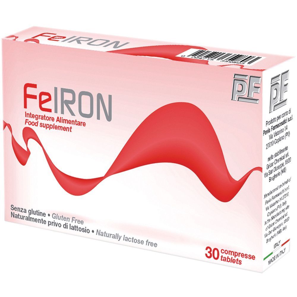Confezione di Feiron. Scritta rossa su sfondo bianco. Contiene 30 compresse. Senza glutine e senza lattosio.
