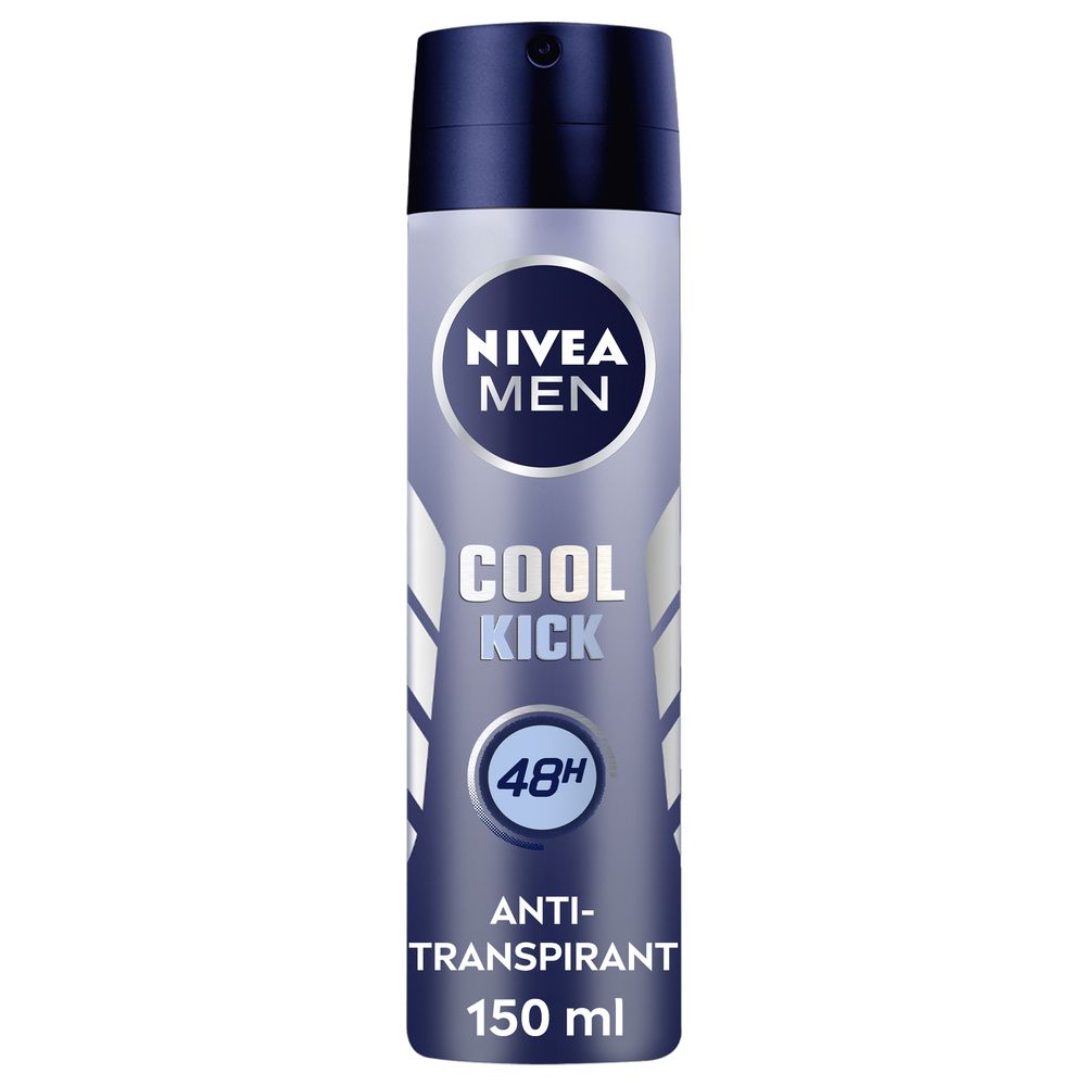 Spray Nivea Men Cool Kick. Bomboletta spray blu-argento con logo e testo bianchi. Antitraspirante 48H.