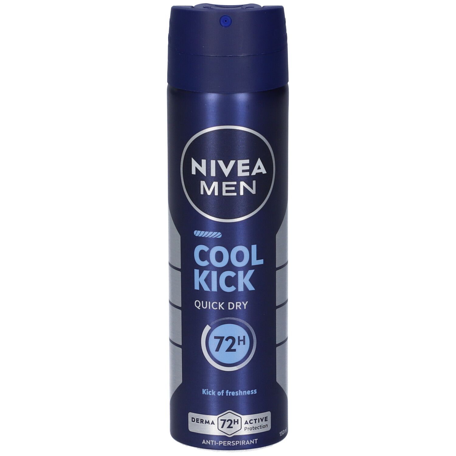 Spray Nivea Men Cool Kick. Bomboletta blu con logo e testo bianchi. Antitraspirante 72H.