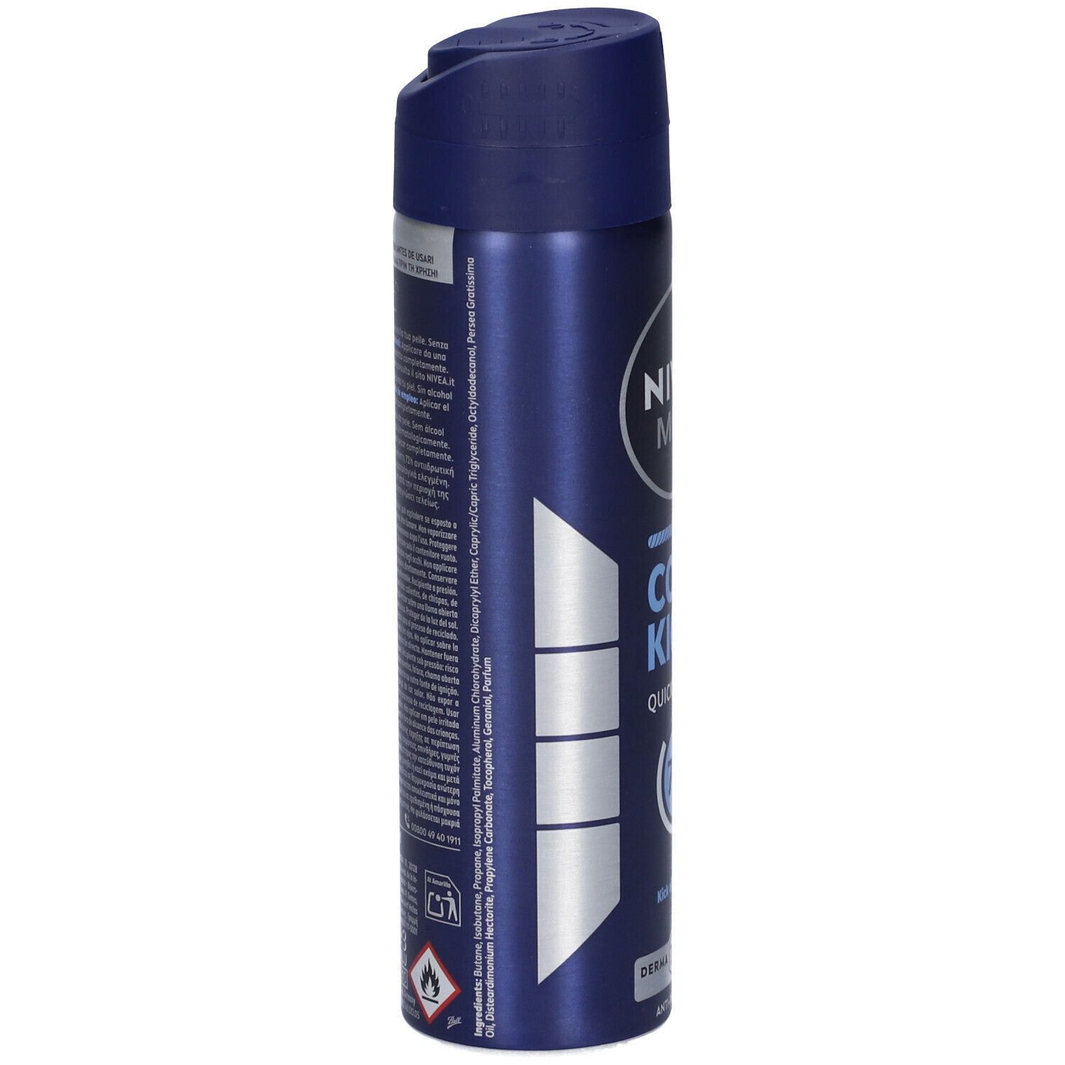 Spray Nivea Men Cool Kick. Bomboletta blu, retro con testo e avvertenze.