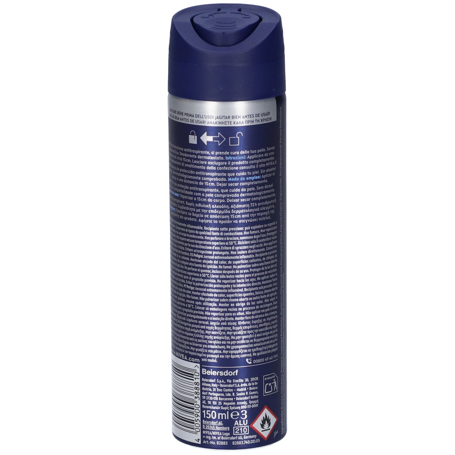 Spray Nivea Men Cool Kick. Bomboletta blu, retro con testo e avvertenze.