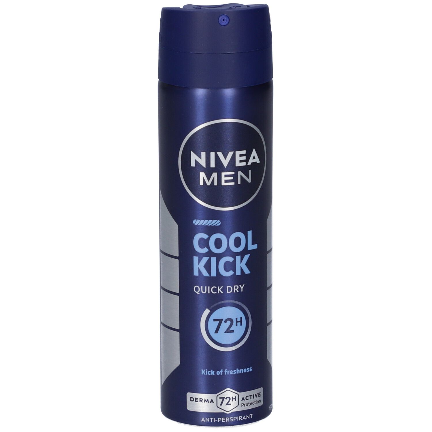 Spray Nivea Men Cool Kick. Bomboletta blu con logo e testo bianchi. Antitraspirante 72H.