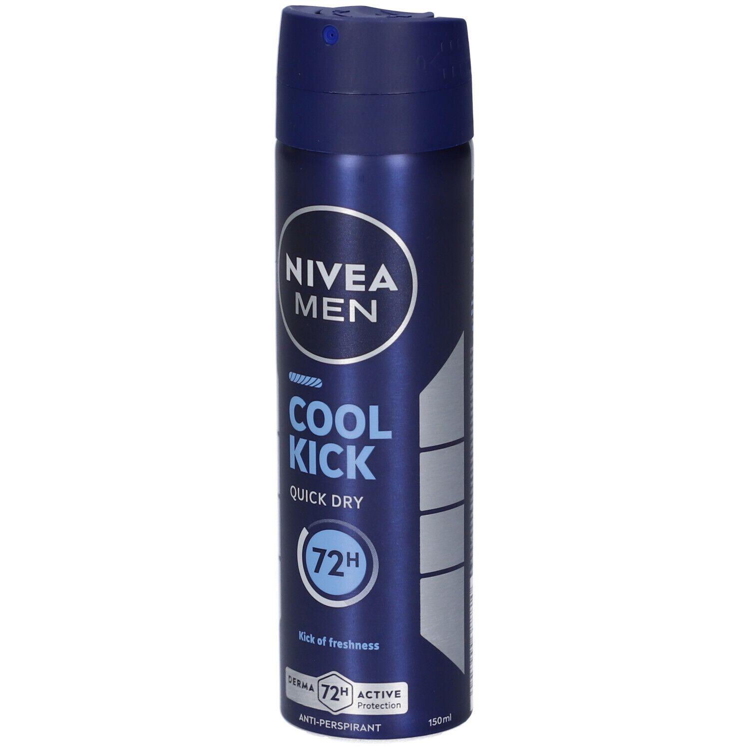 Spray Nivea Men Cool Kick. Bomboletta blu con logo e testo bianchi. Antitraspirante 72H.