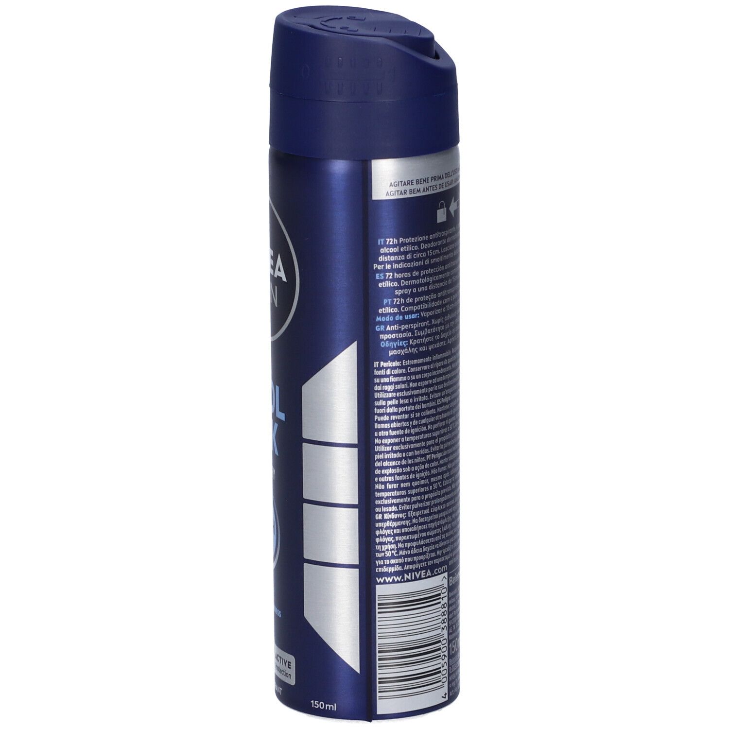 Spray Nivea Men Cool Kick. Bomboletta blu, retro con testo e avvertenze.