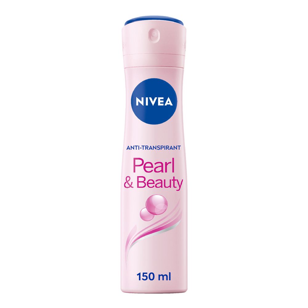 Spray deodorante rosa Nivea. Logo blu, scritta Pearl & Beauty. Anti-traspirante. 150 ml.