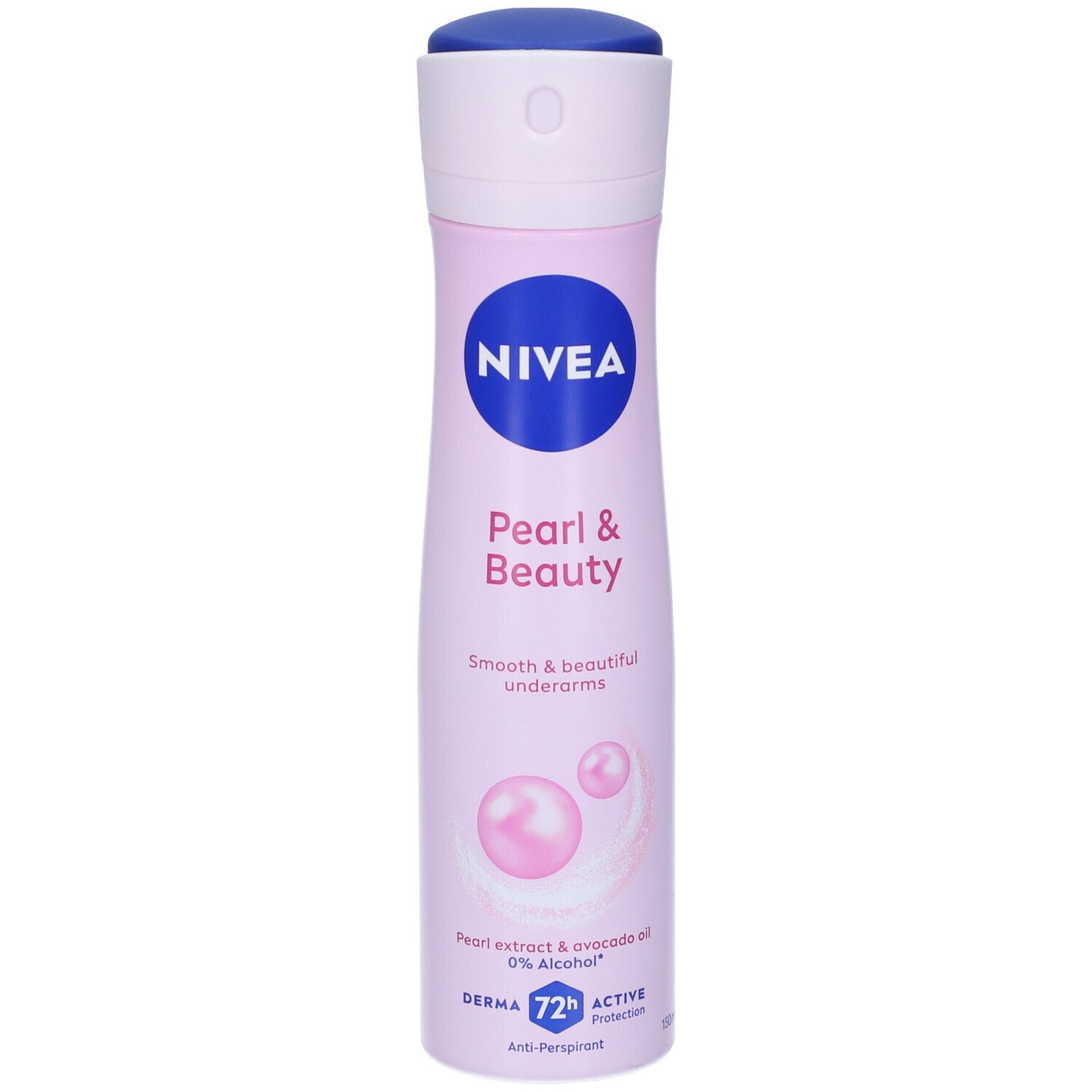 Spray deodorante rosa Nivea. Logo blu, scritta Pearl & Beauty. Anti-traspirante. 72h Active.