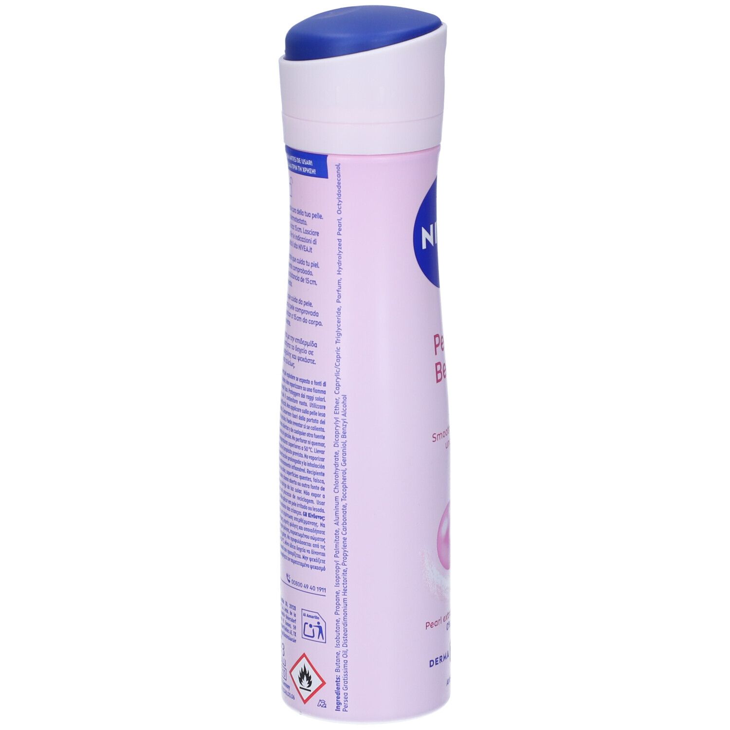 Vista laterale dello spray deodorante Nivea. Testo sulla bomboletta. Avvertenze e ingredienti.