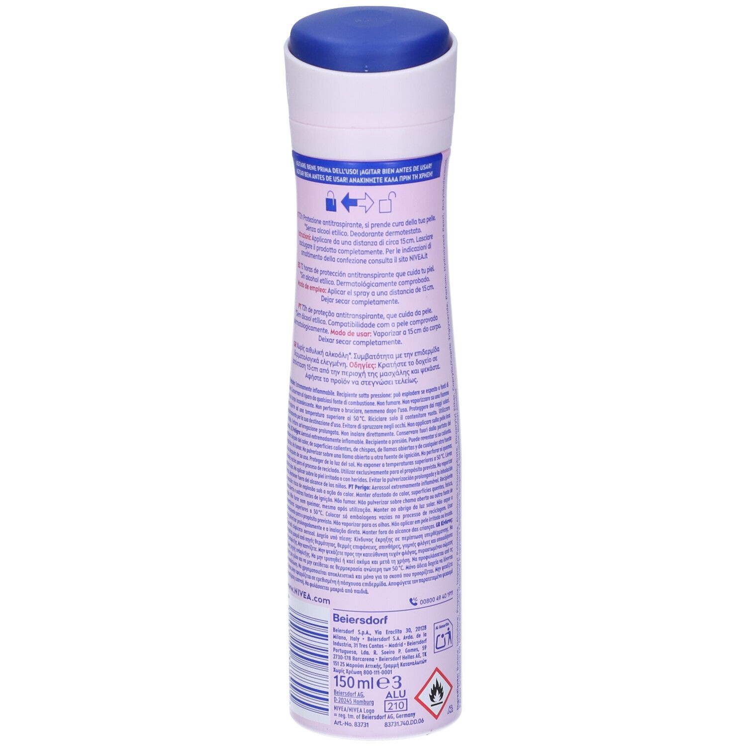 Retro dello spray deodorante Nivea. Testo sulla bomboletta. Avvertenze e ingredienti.