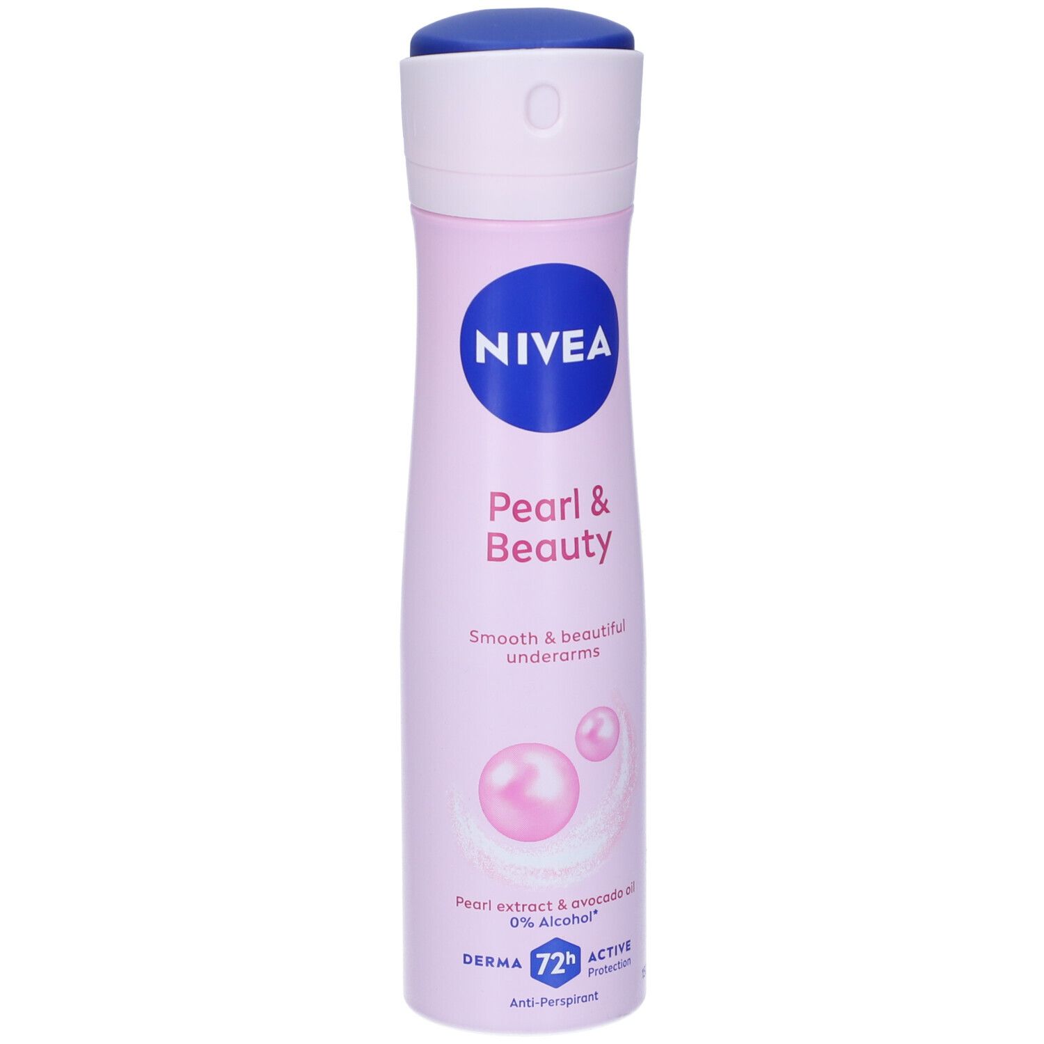 Spray deodorante rosa Nivea. Logo blu, scritta Pearl & Beauty. Anti-traspirante. 72h Active.