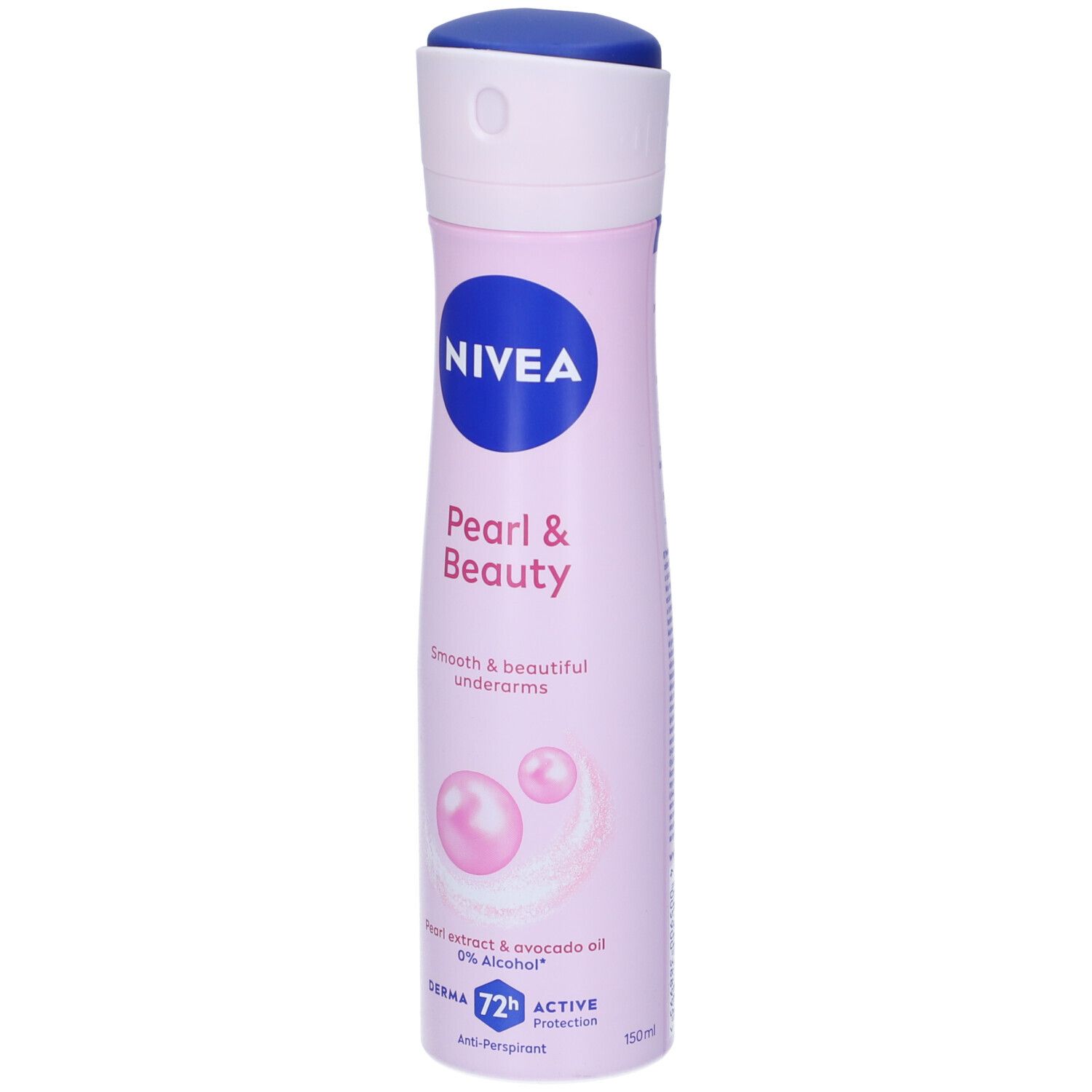 Spray deodorante rosa Nivea. Logo blu, scritta Pearl & Beauty. Anti-traspirante. 72h Active.