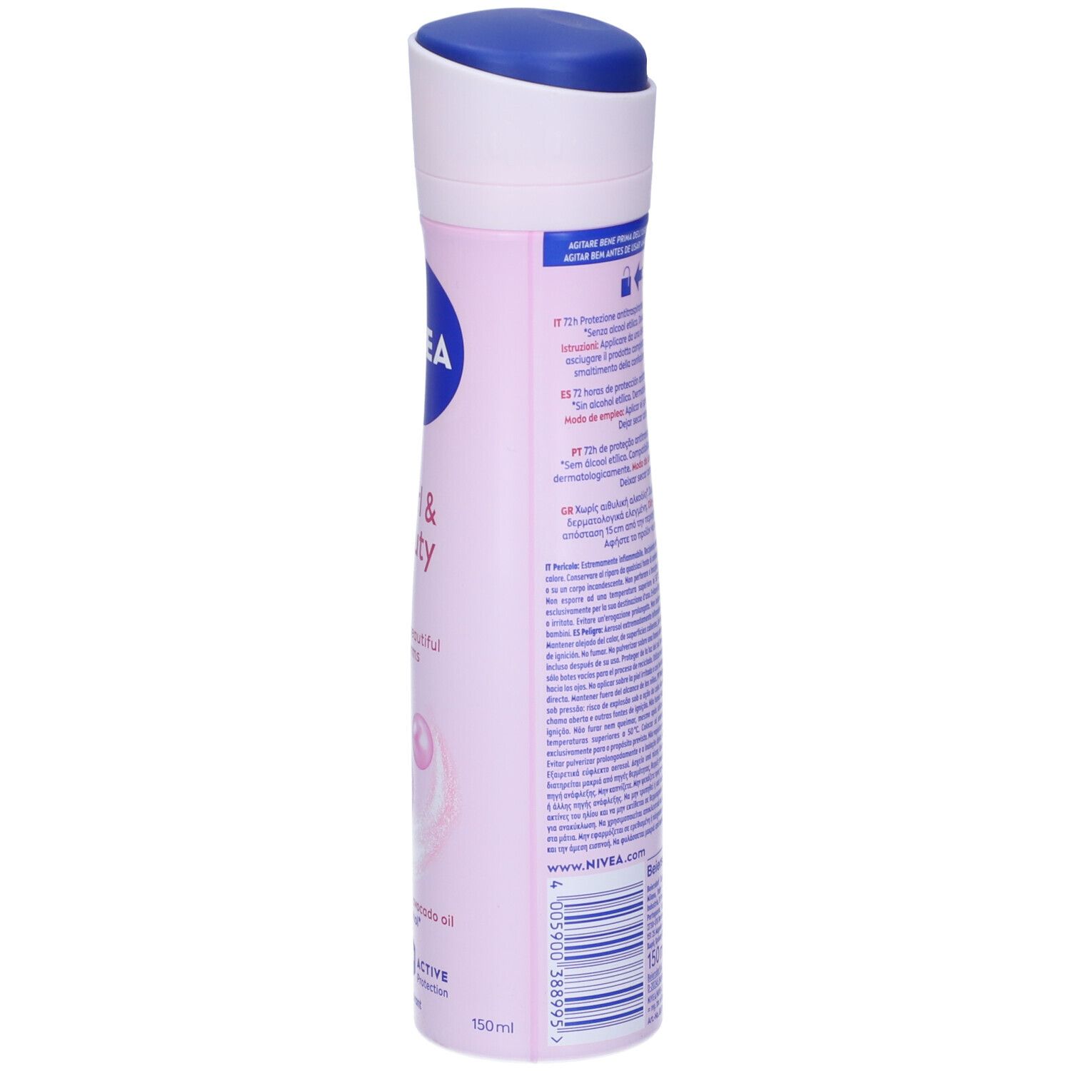 Retro dello spray deodorante Nivea. Testo sulla bomboletta. Avvertenze e ingredienti.