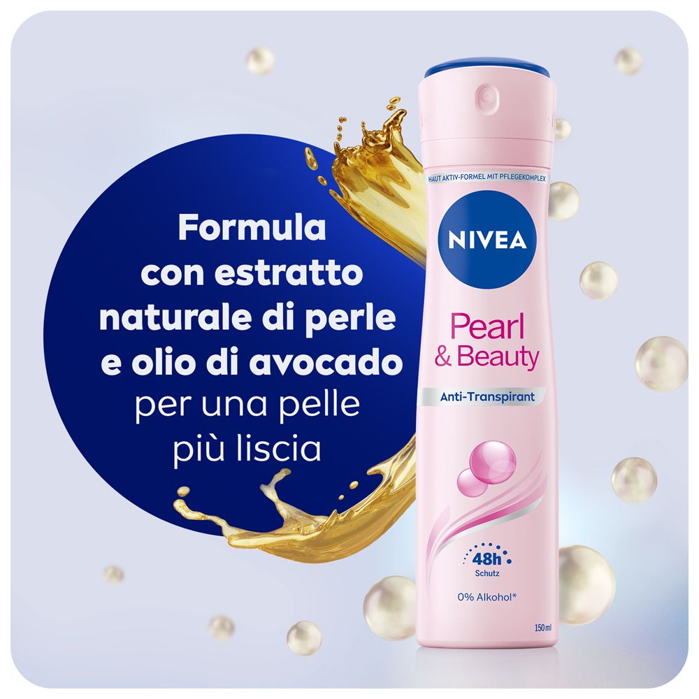 Spray deodorante Nivea Pearl & Beauty. Cerchi blu con testo e olio. Perle e olio di avocado.