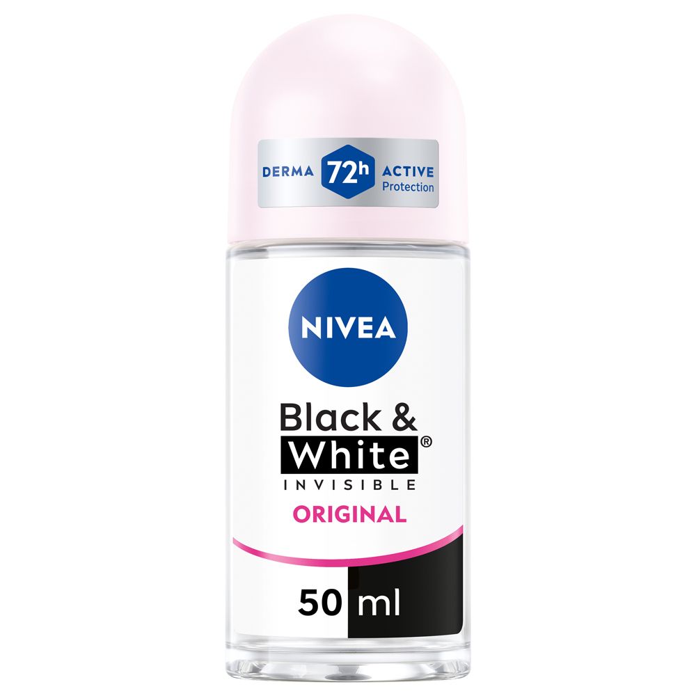 Roll-on Nivea Black & White Invisible Original. Tappo bianco, flacone trasparente, testo blu e nero. 50 ml.