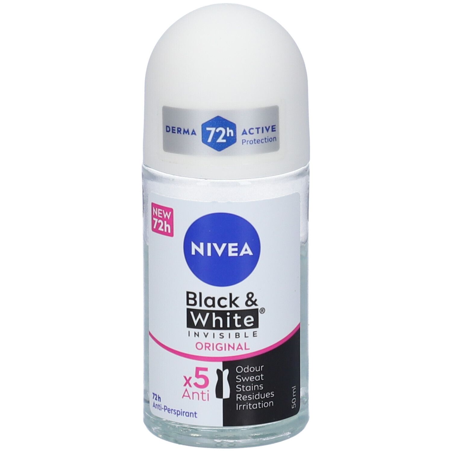 Roll-on Nivea Black & White Invisible Original. Tappo bianco, flacone trasparente, testo blu e nero. 50 ml.