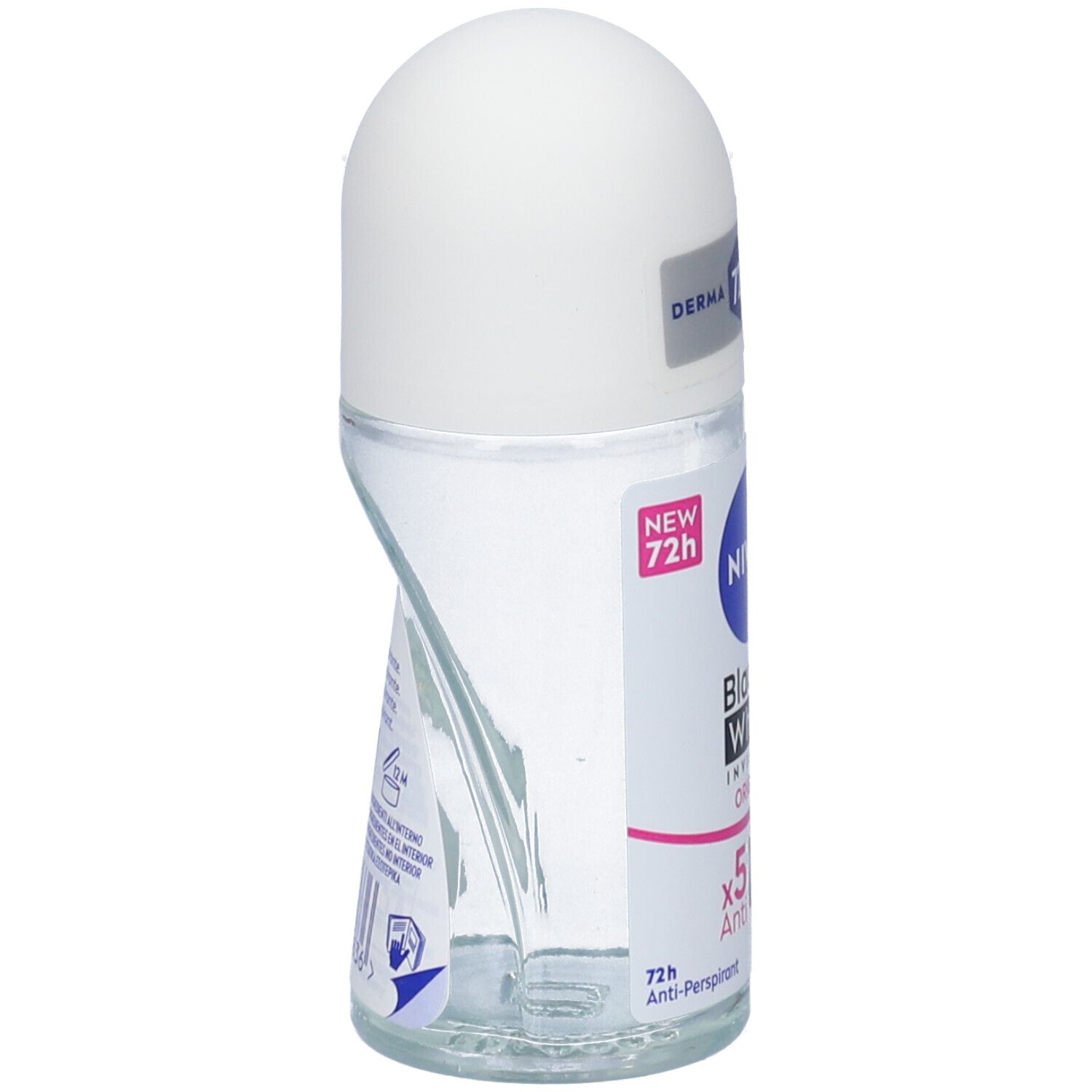 Roll-on Nivea Black & White Invisible Original. Vista laterale. Tappo bianco, flacone trasparente, testo blu.
