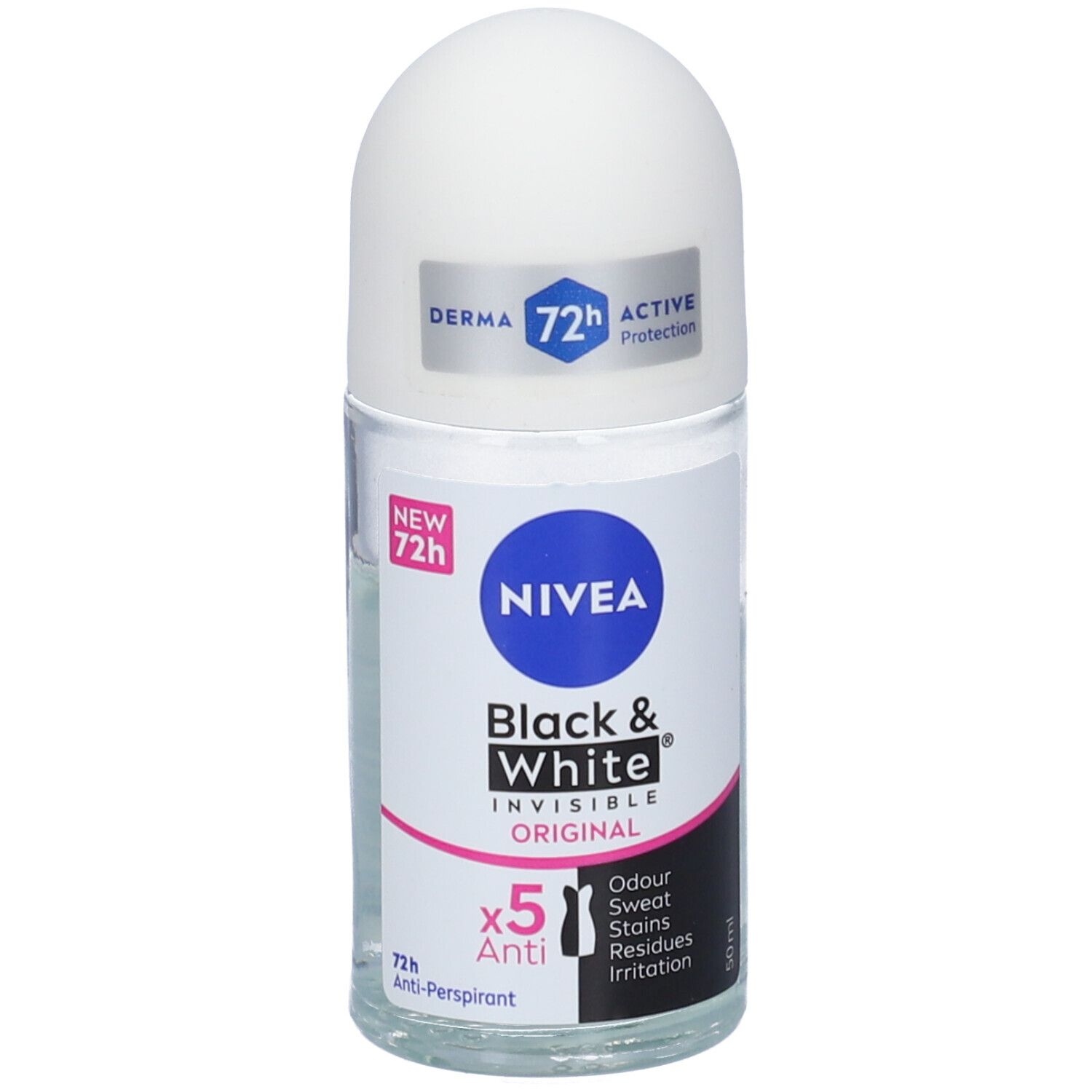 Roll-on Nivea Black & White Invisible Original. Vista laterale. Tappo bianco, flacone trasparente, testo blu.
