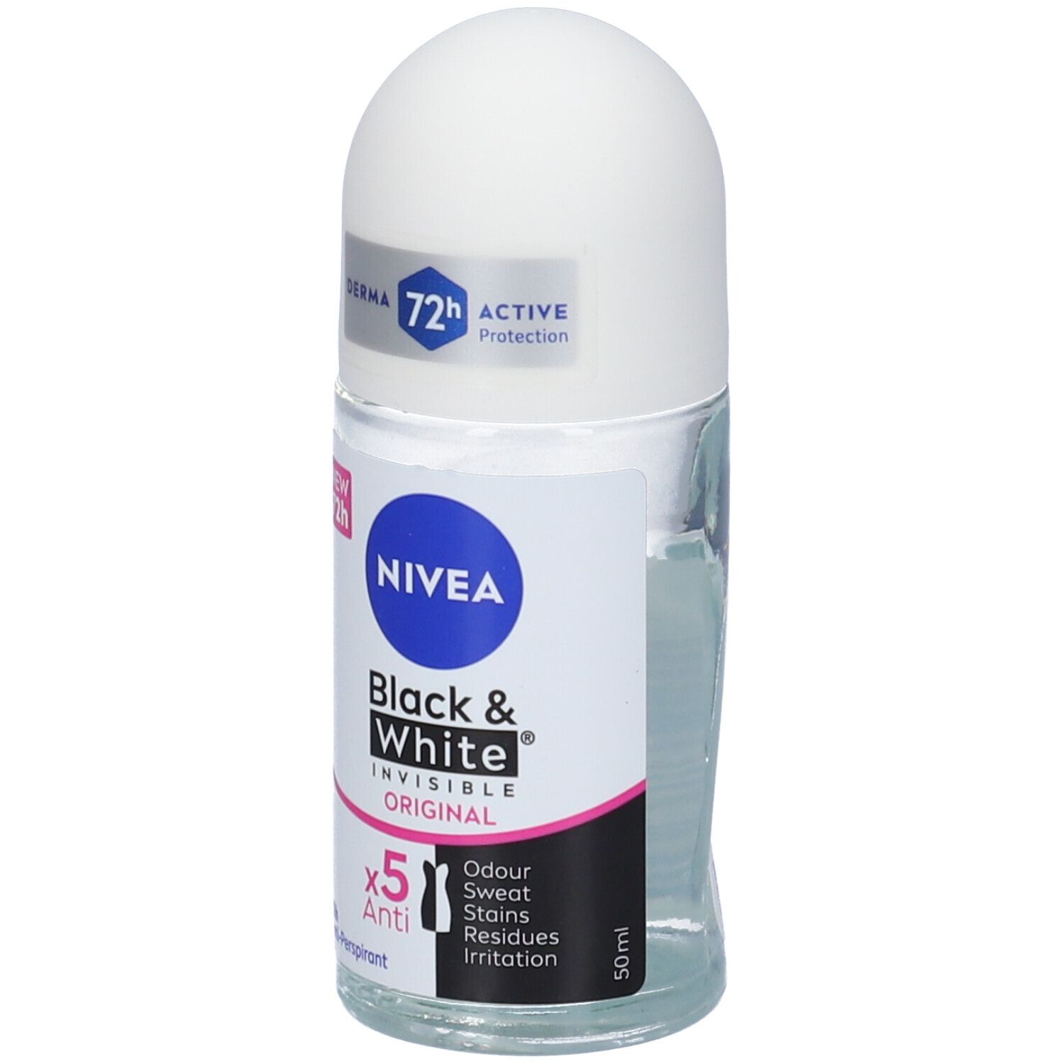 Roll-on Nivea Black & White Invisible Original. Vista laterale. Tappo bianco, flacone trasparente, testo blu.